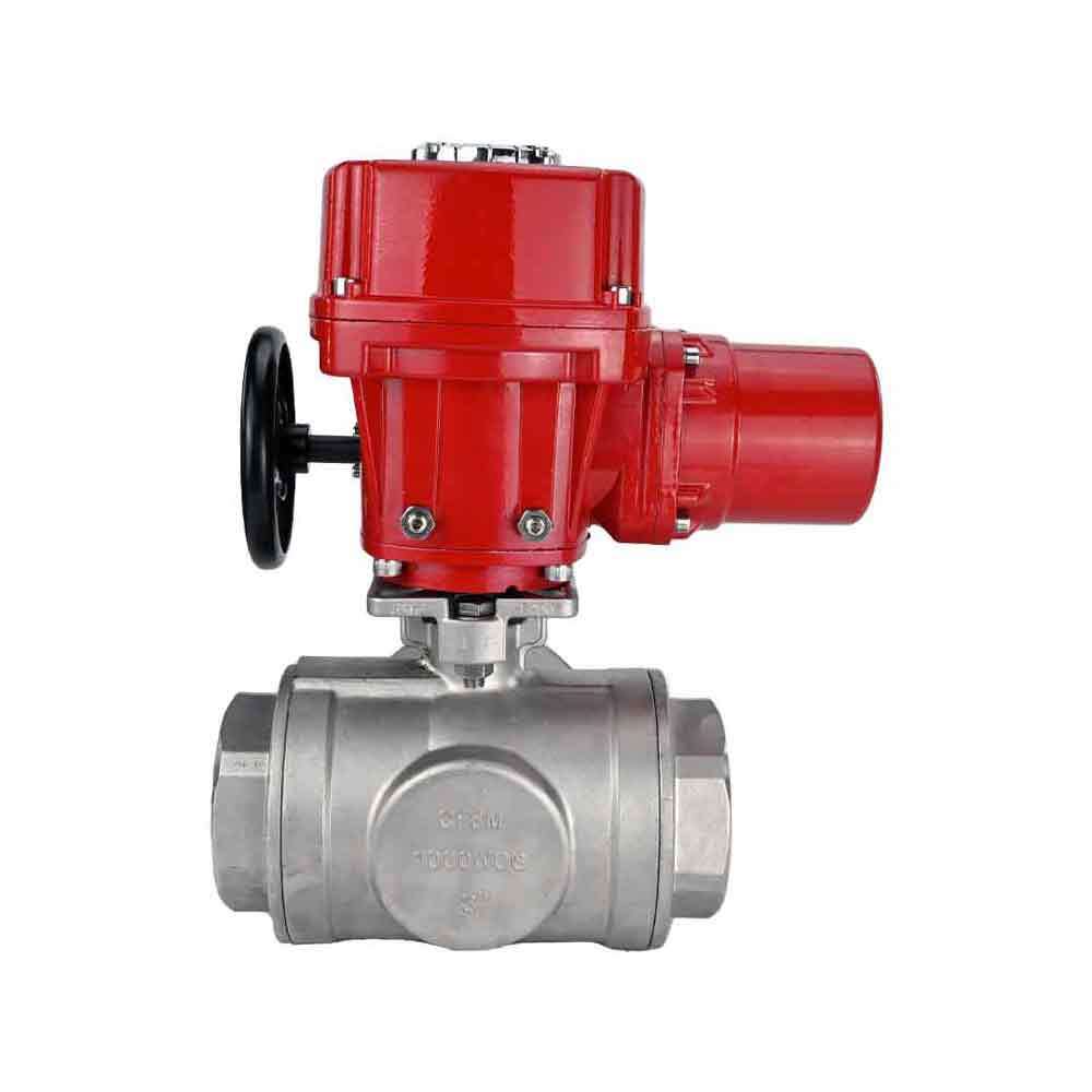 Robinet à boisseau sphérique en acier inoxydable Elephant RP.SS316.200.MM.ISO 914 PSI fileté, port standard, trois voies, type L, matériau du corps - acier inoxydable AISI 316, avec actionneur électrique quart de tour Elephant QT-W (M) EX 220V