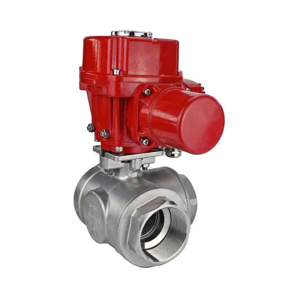 Robinet à boisseau sphérique en acier inoxydable Elephant RP.SS316.200.MM.ISO 914 PSI fileté, port standard, trois voies, type L, matériau du corps - acier inoxydable AISI 316, avec actionneur électrique quart de tour Elephant QT-W (M) EX 220V