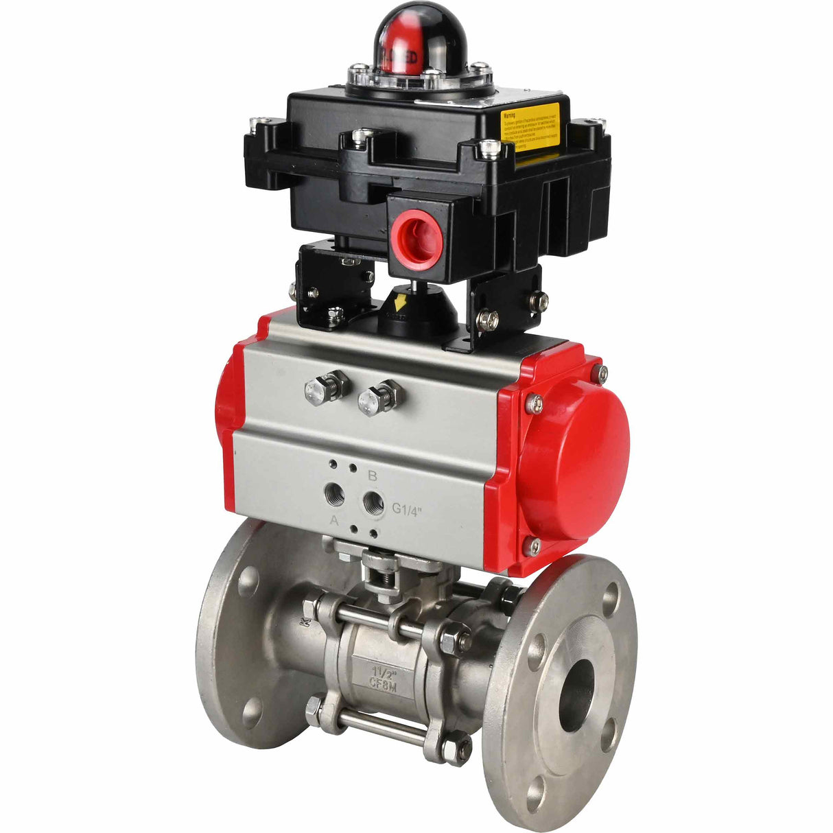Stainless steel ball valve Elephant BVFPT-ISO.316.180 three-part, body material - stainless steel SS316, seal - PTFE, flanged, full port, pneumatic actuator Elephant DA, limit switch block APL-410N EX