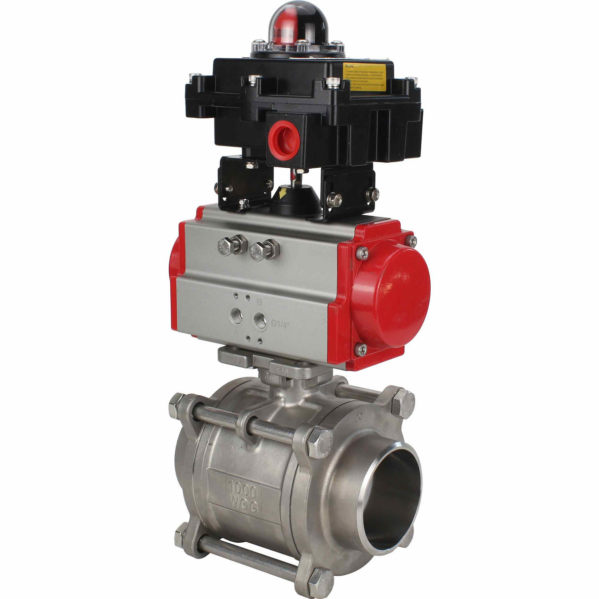 Robinet à boisseau sphérique en acier inoxydable Elephant BVPP 316.200-ISO PSI914 SS316 passage intégral, à souder, matériau du corps - acier inoxydable, actionneur pneumatique Elephant SA, bloc d'interrupteur de fin de course APL-410N EX