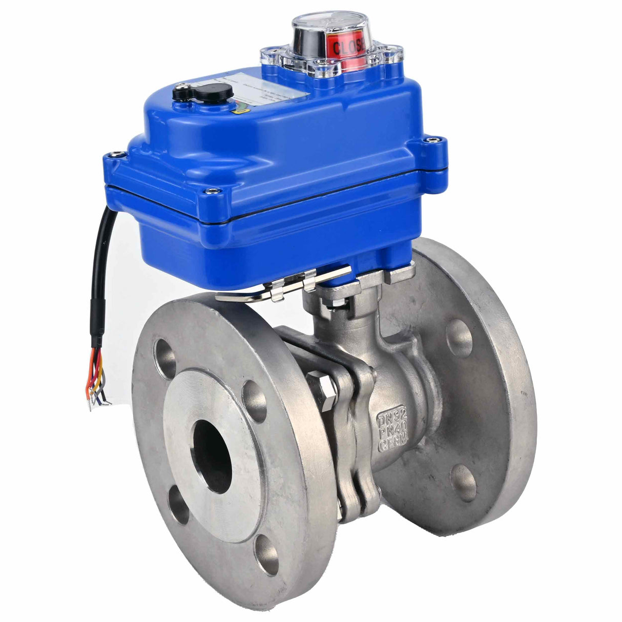 Robinet à boisseau sphérique en acier inoxydable Elephant BV3232P-FP-F PSI580, matériau du corps - acier inoxydable AISI 316, joint - PTFE, passage intégral, à bride, actionneur électrique Elephant 003 bleu 220 V