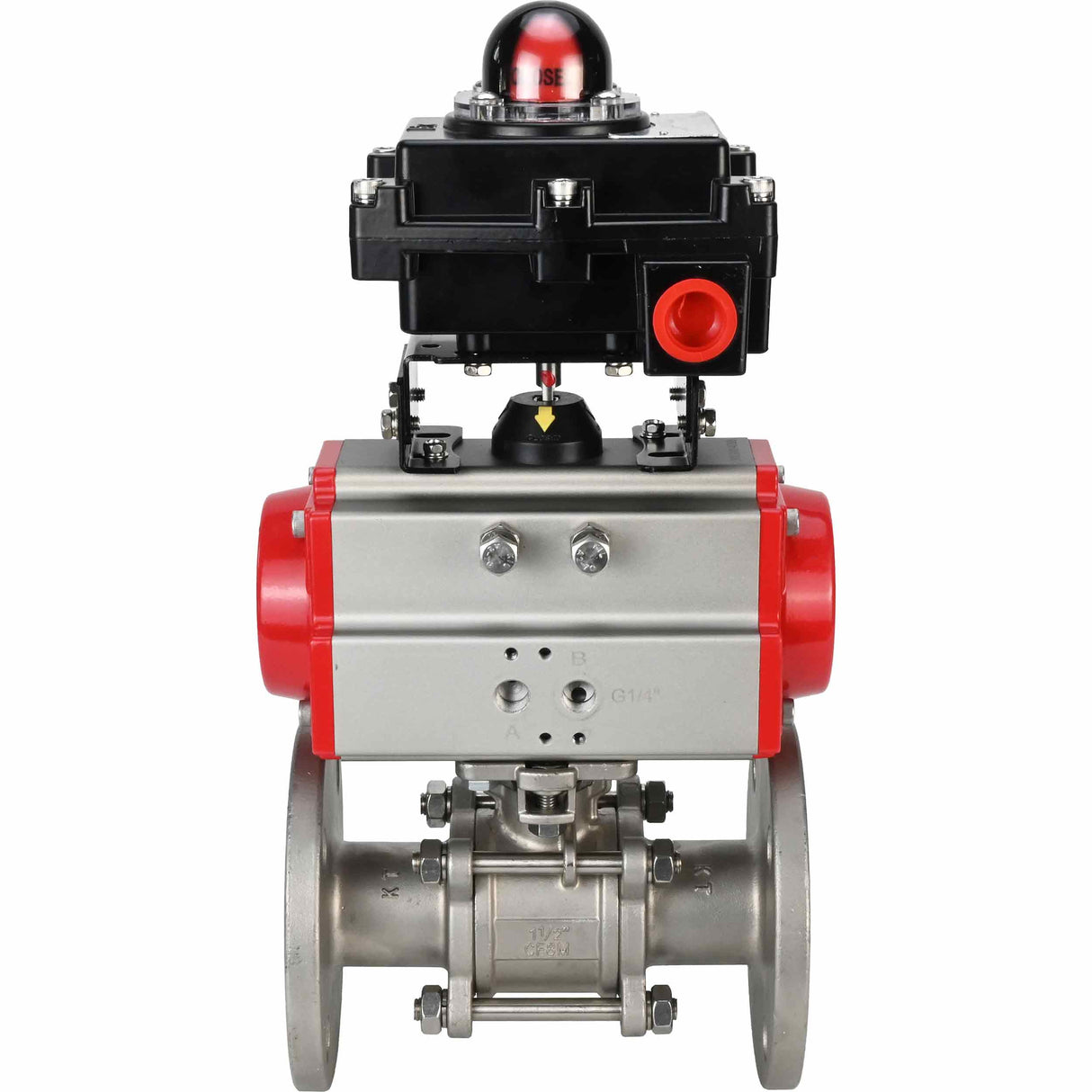 Stainless steel ball valve Elephant BVFPT-ISO.304.180 three-part, body material - stainless steel SS304, seal - PTFE, flanged, full port, pneumatic actuator Elephant DA, limit switch block APL-410N EX