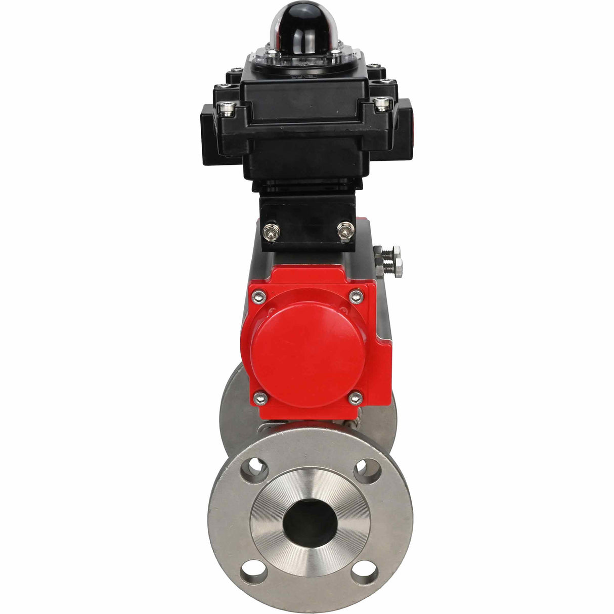 Stainless steel ball valve Elephant BVFPT-ISO.304.180 three-part, body material - stainless steel SS304, seal - PTFE, flanged, full port, pneumatic actuator Elephant DA, limit switch block APL-410N EX