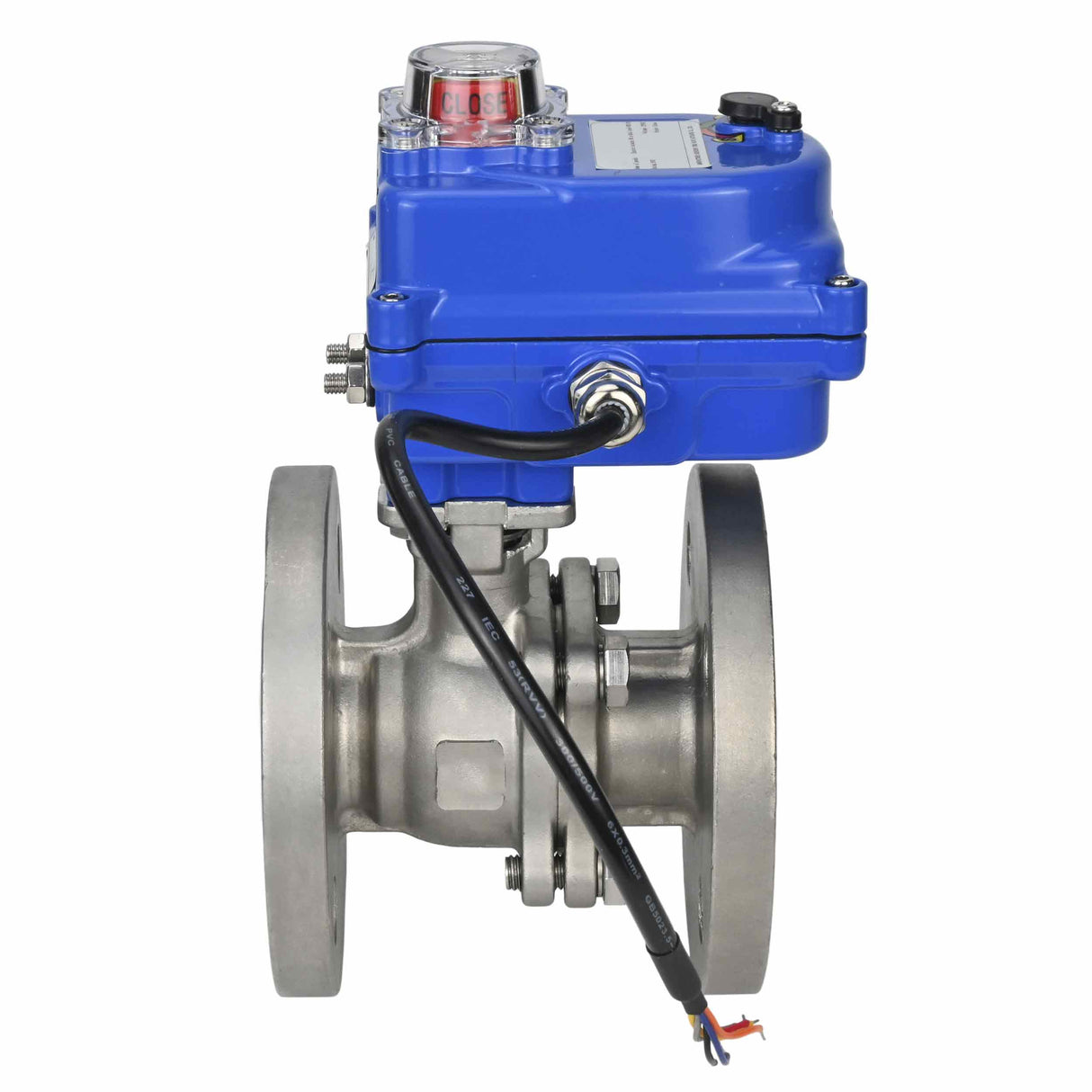 Robinet à boisseau sphérique en acier inoxydable Elephant BV3232P-FP-F PSI580, matériau du corps - acier inoxydable AISI 316, joint - PTFE, passage intégral, à bride, actionneur électrique Elephant 003 bleu 220 V