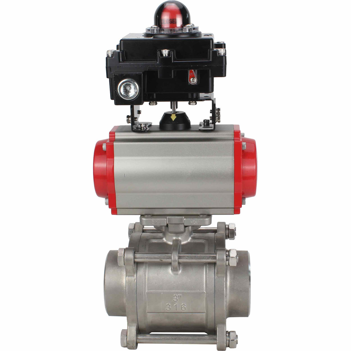 Robinet à boisseau sphérique en acier inoxydable Elephant BVPP 316.200-ISO PSI914 SS316 passage intégral, à souder, matériau du corps - acier inoxydable, actionneur pneumatique Elephant SA, bloc d'interrupteur de fin de course APL-410N EX