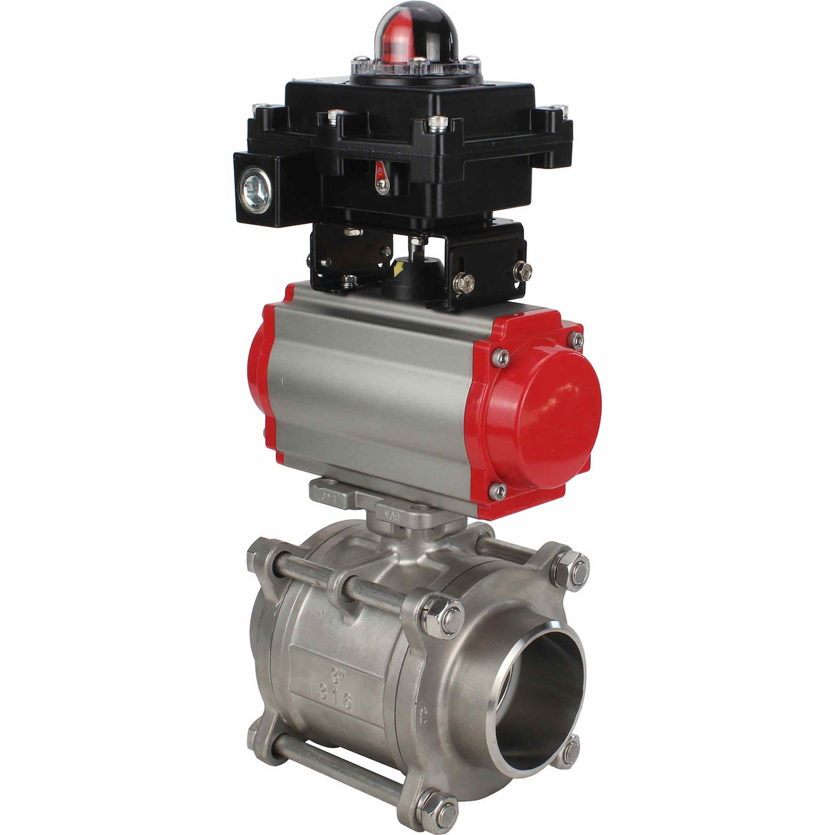 Robinet à boisseau sphérique en acier inoxydable Elephant BVPP 316.200-ISO PSI914 SS316 passage intégral, à souder, matériau du corps - acier inoxydable, actionneur pneumatique Elephant SA, bloc d'interrupteur de fin de course APL-410N EX