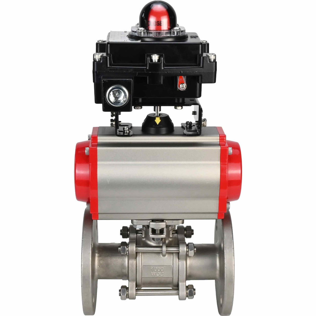 Stainless steel ball valve Elephant BVFPT-ISO.304.180 three-part, body material - stainless steel SS304, seal - PTFE, flanged, full port, pneumatic actuator Elephant DA, limit switch block APL-410N EX