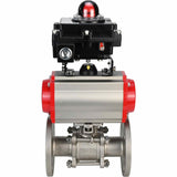 Stainless steel ball valve Elephant BVFPT-ISO.304.180 three-part, body material - stainless steel SS304, seal - PTFE, flanged, full port, pneumatic actuator Elephant DA, limit switch block APL-410N EX