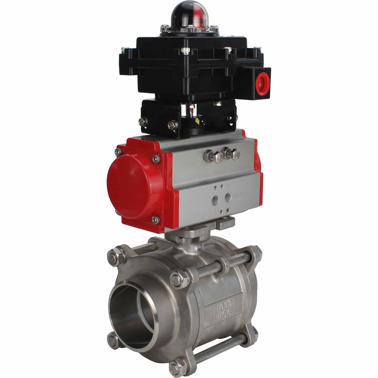 Robinet à boisseau sphérique en acier inoxydable Elephant BVPP 316.200-ISO PSI914 SS316 passage intégral, à souder, matériau du corps - acier inoxydable, actionneur pneumatique Elephant SA, bloc d'interrupteur de fin de course APL-410N EX