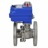 Robinet à boisseau sphérique en acier inoxydable Elephant BV3232P-FP-F PSI580, matériau du corps - acier inoxydable AISI 316, joint - PTFE, passage intégral, à bride, actionneur électrique Elephant 003 bleu 220 V