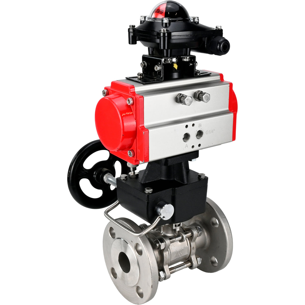 Robinet à boisseau sphérique en acier inoxydable Elephant ksfpt-316-180-da-apl210n-hdm, matériau du corps - acier inoxydable AISI 316, matériau de la bille - acier inoxydable AISI 316, joint - PTFE, actionné par actionneur pneumatique