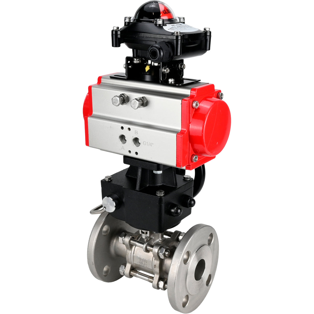 Robinet à boisseau sphérique en acier inoxydable Elephant ksfpt-316-180-da-apl210n-hdm, matériau du corps - acier inoxydable AISI 316, matériau de la bille - acier inoxydable AISI 316, joint - PTFE, actionné par actionneur pneumatique