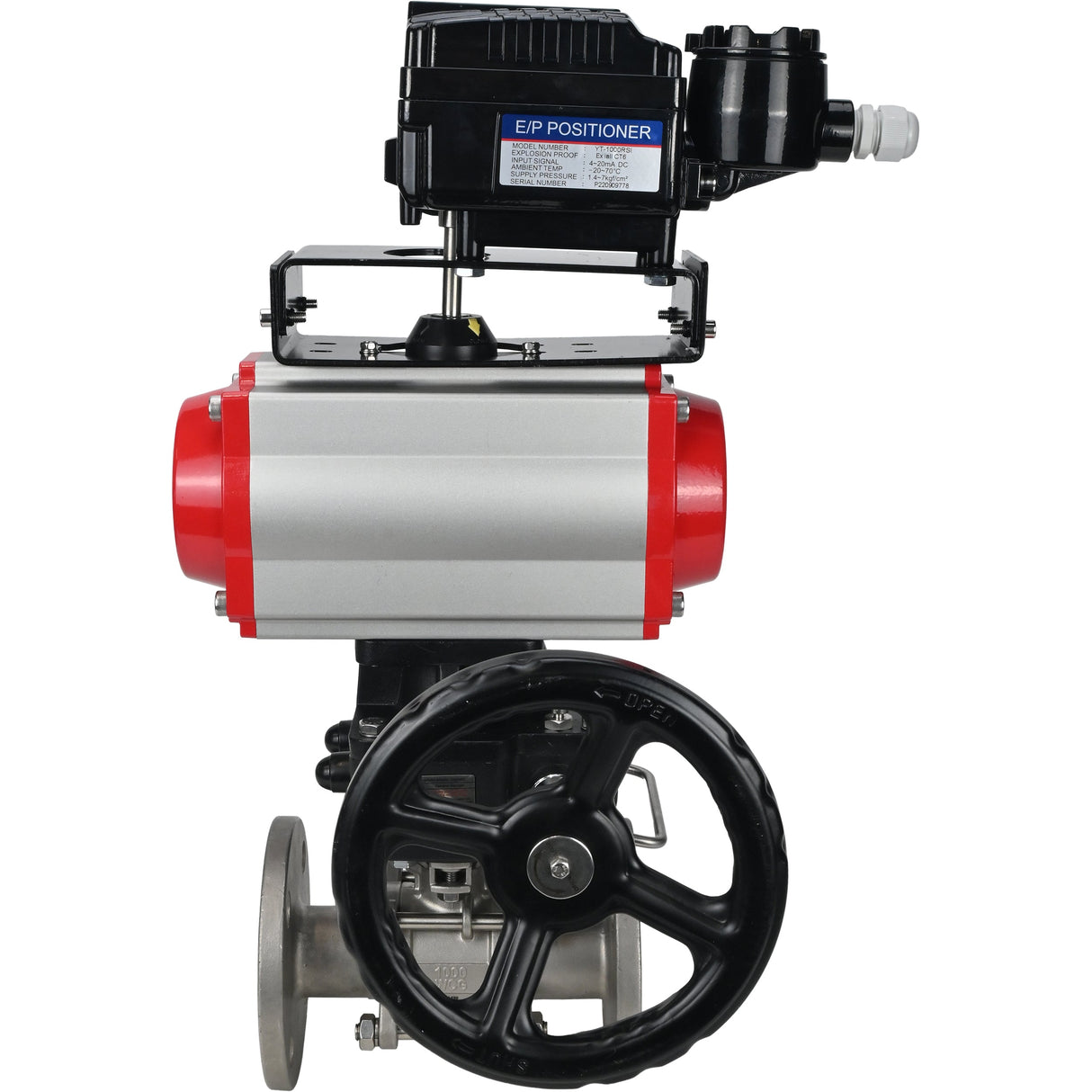 Robinet à boisseau sphérique en acier inoxydable Elephant ksfpt-316-180-da-yt1000rsn-hdm, matériau du corps - acier inoxydable AISI 316, matériau de la bille - acier inoxydable AISI 316, joint - PTFE, actionné par actionneur pneumatique