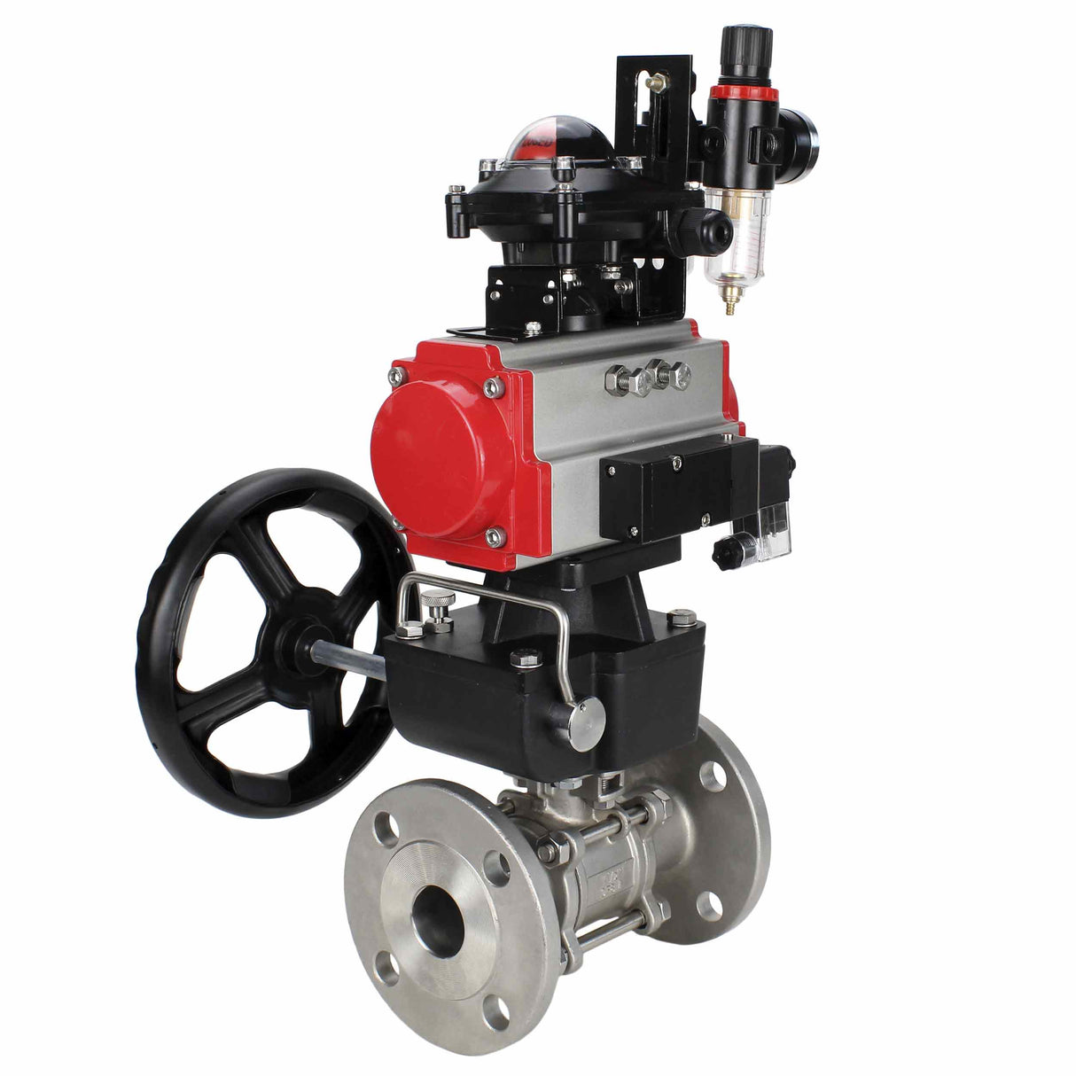 Robinet à boisseau sphérique en acier inoxydable Elephant ksfpt-304-180-da-4m310-24v-apl210n-hdm-afc2000, matériau du corps - acier inoxydable AISI 304, matériau de la bille - acier inoxydable AISI 304, joint - PTFE, actionné par actionneur pneumatique