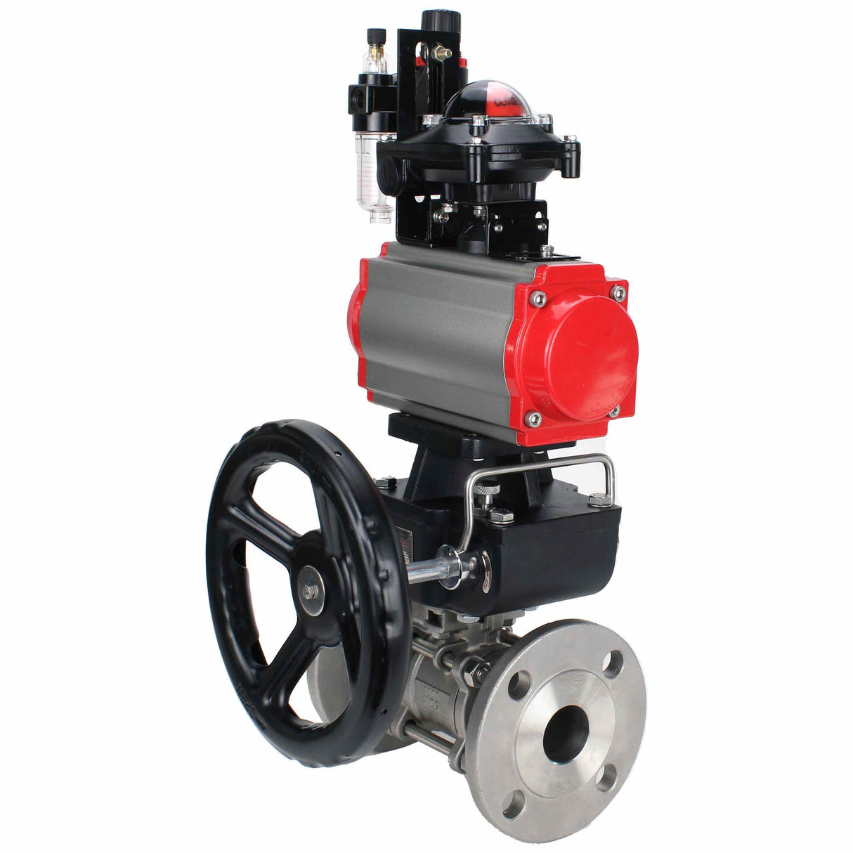 Robinet à boisseau sphérique en acier inoxydable Elephant ksfpt-304-180-da-4m310-24v-apl210n-hdm-afc2000, matériau du corps - acier inoxydable AISI 304, matériau de la bille - acier inoxydable AISI 304, joint - PTFE, actionné par actionneur pneumatique