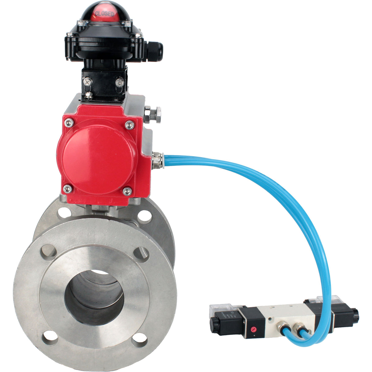 Ball valves Elephant BV3232P(2pc)-FP-F-ISO-H, full bore flanged, stainless steel SS316, seal - PTFE, with pneumatic actuator PA-SA with return springs, with pneumatic distributor 4V320-10 220V, with LSU APL-210N