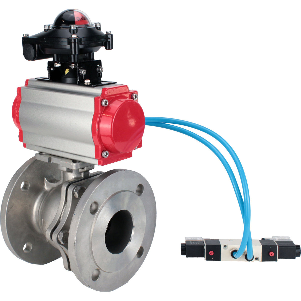 Ball valves Elephant BV3232P(2pc)-FP-F-ISO-H, full bore flanged, stainless steel SS316, seal - PTFE, with pneumatic actuator PA-SA with return springs, with pneumatic distributor 4V320-10 220V, with LSU APL-210N
