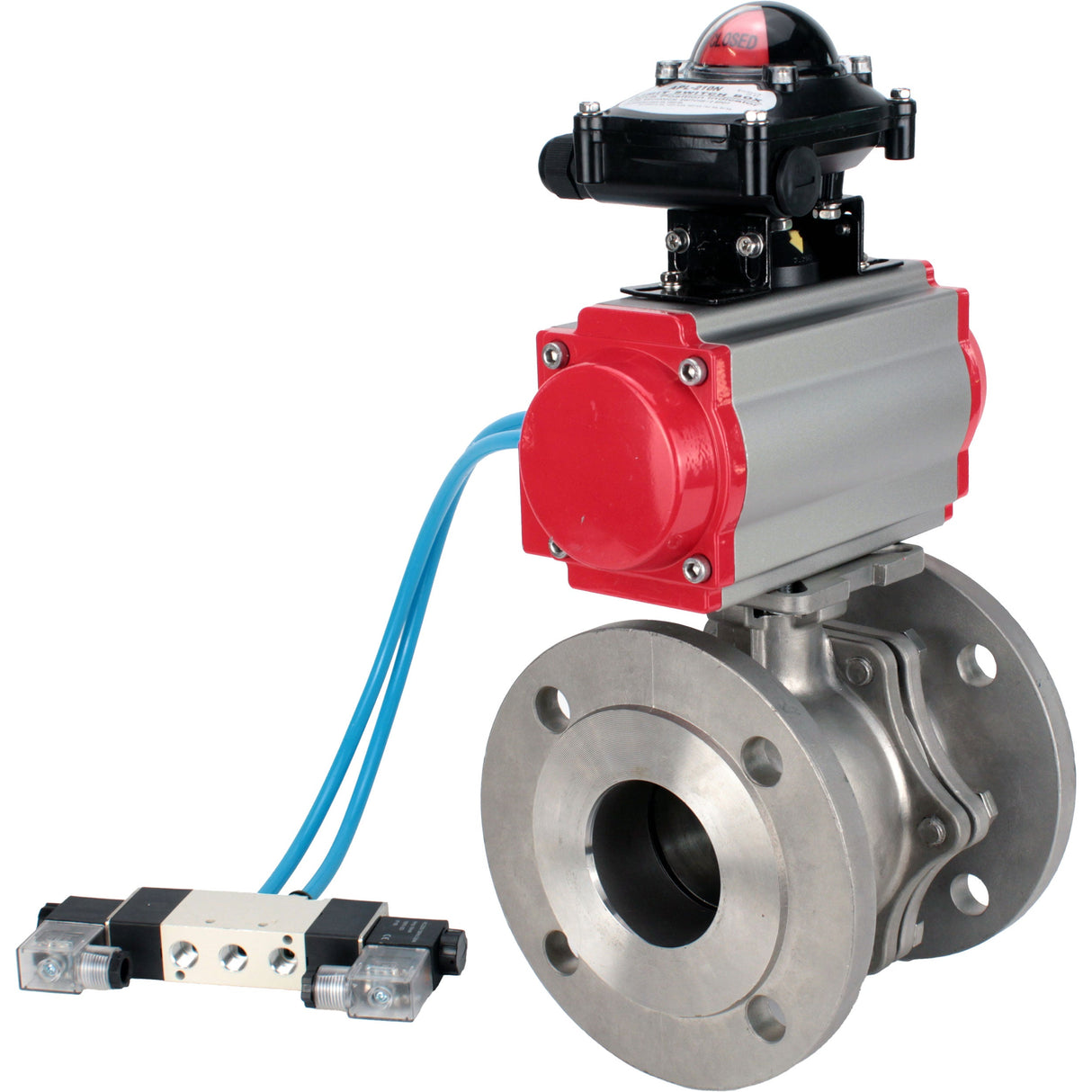 Ball valves Elephant BV3232P(2pc)-FP-F-ISO-H, full bore flanged, stainless steel SS316, seal - PTFE, with pneumatic actuator PA-SA with return springs, with pneumatic distributor 4V320-10 220V, with LSU APL-210N