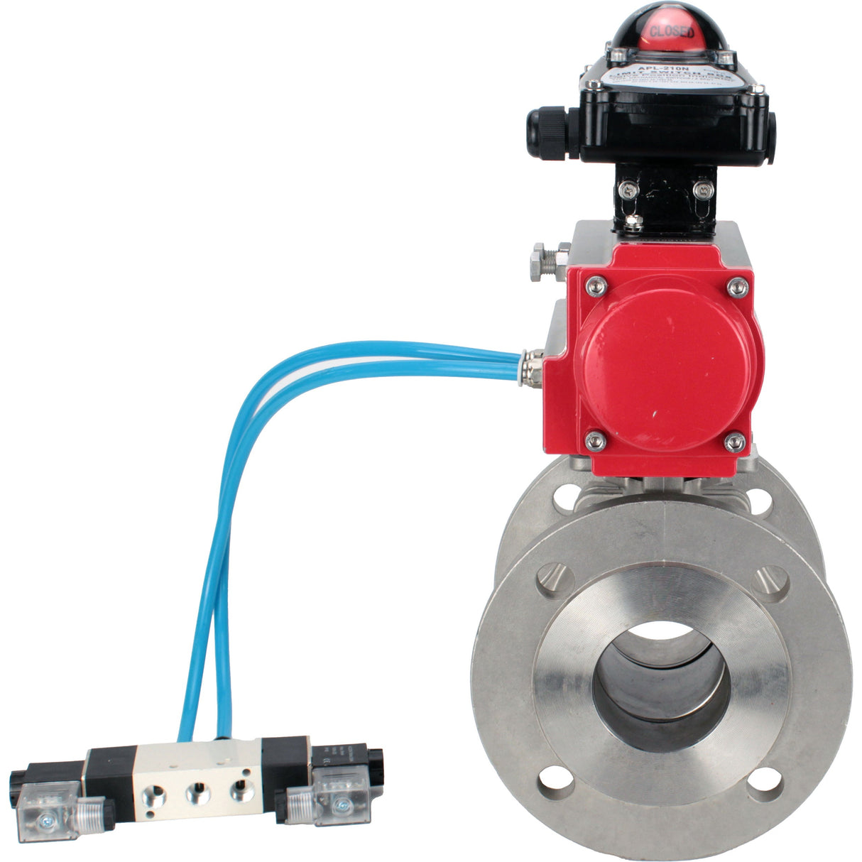 Ball valves Elephant BV3232P(2pc)-FP-F-ISO-H, full bore flanged, stainless steel SS316, seal - PTFE, with pneumatic actuator PA-SA with return springs, with pneumatic distributor 4V320-10 220V, with LSU APL-210N