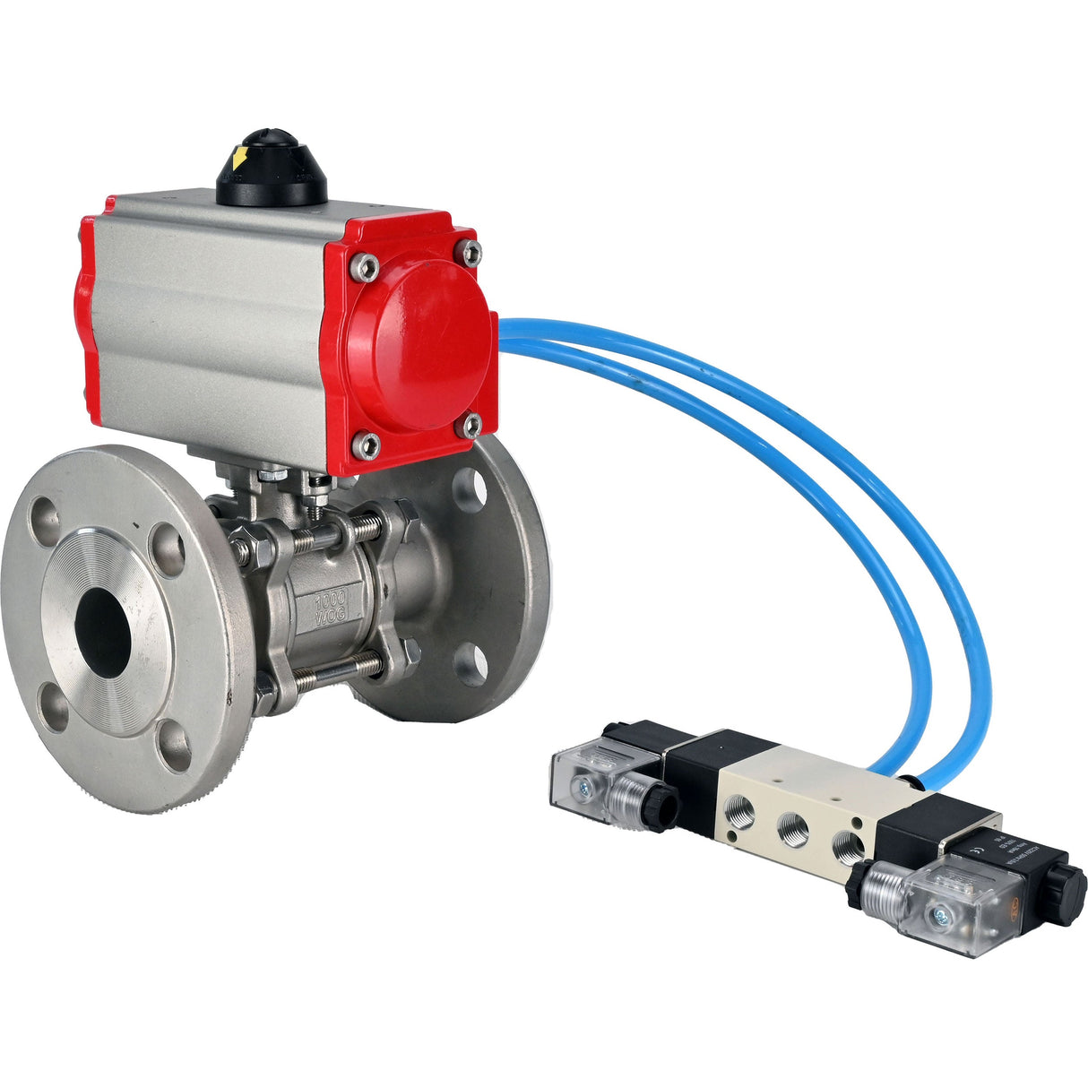 Vannes à boisseau sphérique Elephant BV3131P(3pc)-FP-F-ISO-H 16 bar, trois pièces à passage intégral à brides, acier inoxydable SS304, joint - PTFE, avec actionneur pneumatique double effet PA-DA, avec distributeur pneumatique 4V320-08 220V