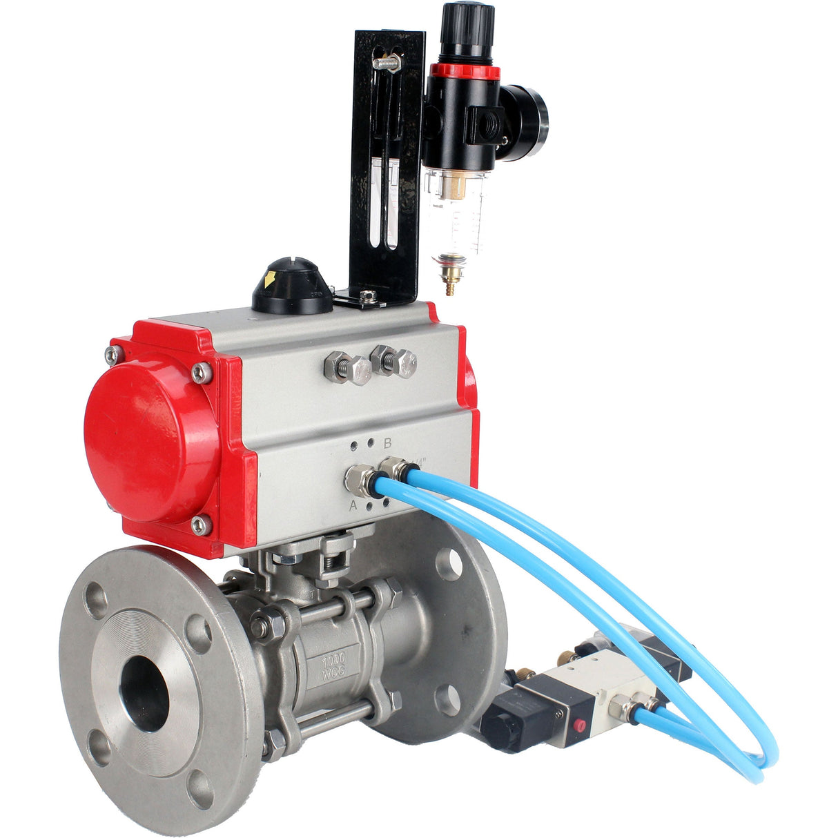 Ball valves Elephant BV3131P(3pc)-FP-F-ISO-H 16 bar, three-piece full bore flanged, stainless steel SS304, seal - PTFE, with pneumatic actuator PA-SA with return springs, with pneumatic distributor 4V320-10 220V, with GSV AFC2000