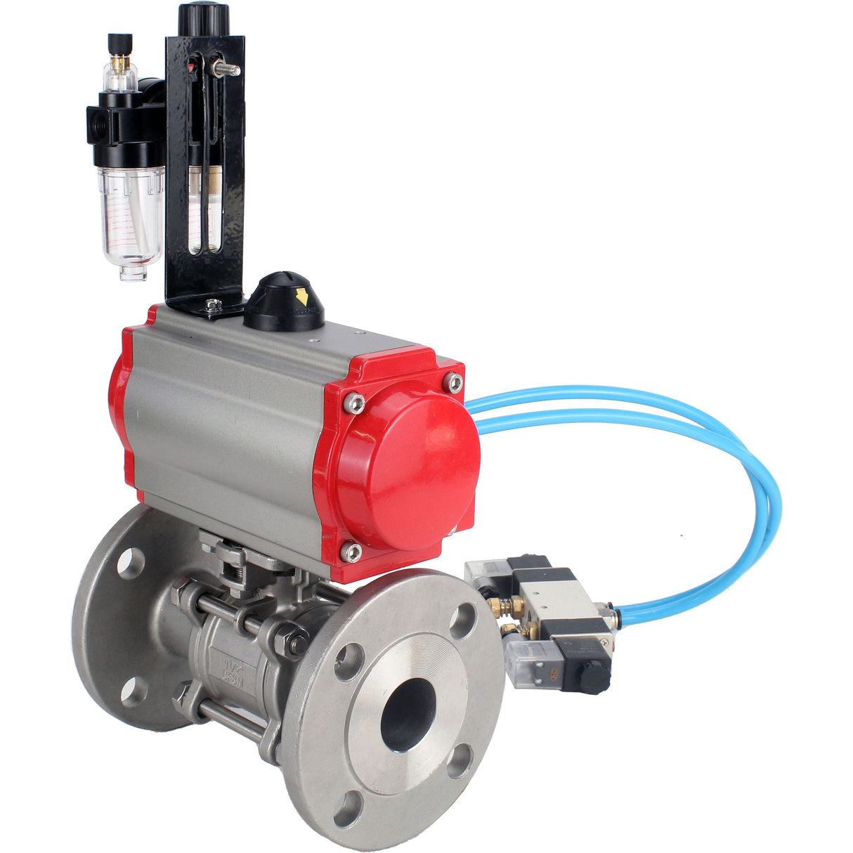 Ball valves Elephant BV3131P(3pc)-FP-F-ISO-H 16 bar, three-piece full bore flanged, stainless steel SS304, seal - PTFE, with pneumatic actuator PA-SA with return springs, with pneumatic distributor 4V320-10 220V, with GSV AFC2000