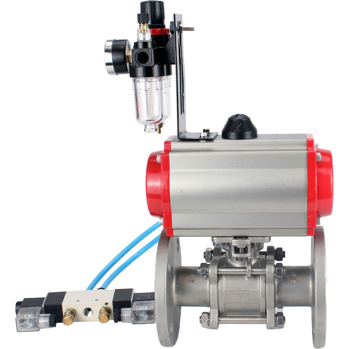 Ball valves Elephant BV3131P(3pc)-FP-F-ISO-H 16 bar, three-piece full bore flanged, stainless steel SS304, seal - PTFE, with double-acting PA-DA pneumatic actuator, with pneumatic distributor 4V320-08 220V, with ATU AFC2000