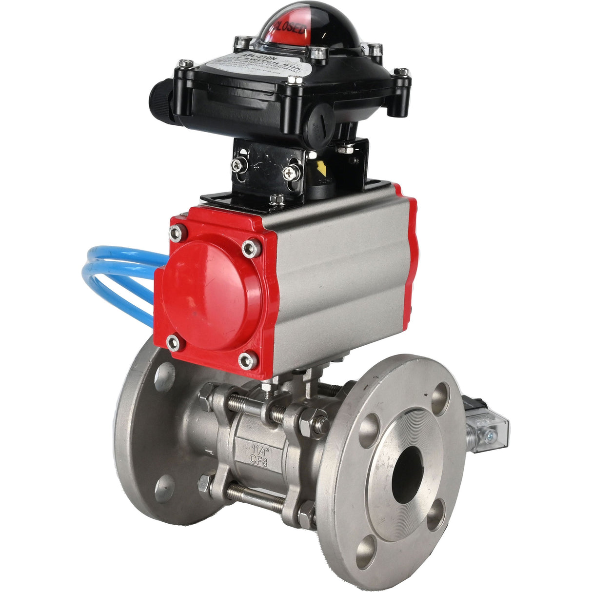 Ball valves Elephant BV3131P(3pc)-FP-F-ISO-H 16 bar, three-piece full bore flanged, stainless steel SS304, seal - PTFE, with pneumatic actuator PA-SA with return springs, with pneumatic distributor 4V320-08 220V, with LSU APL-210N