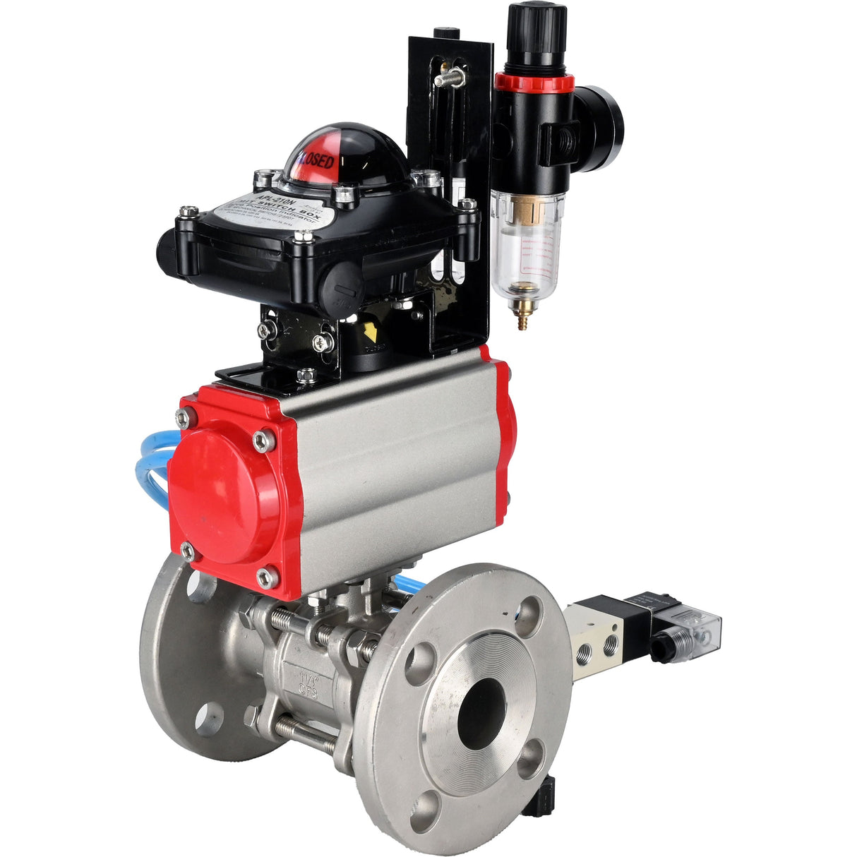 Ball valves Elephant BV3131P(3pc)-FP-F-ISO-H 16 bar, three-piece full bore flanged, stainless steel SS304, PTFE, with pneumatic actuator PA-SA with return springs, with pneumatic distributor 4V320-10 220V, with LSU APL -210N, with ATU AFC2000