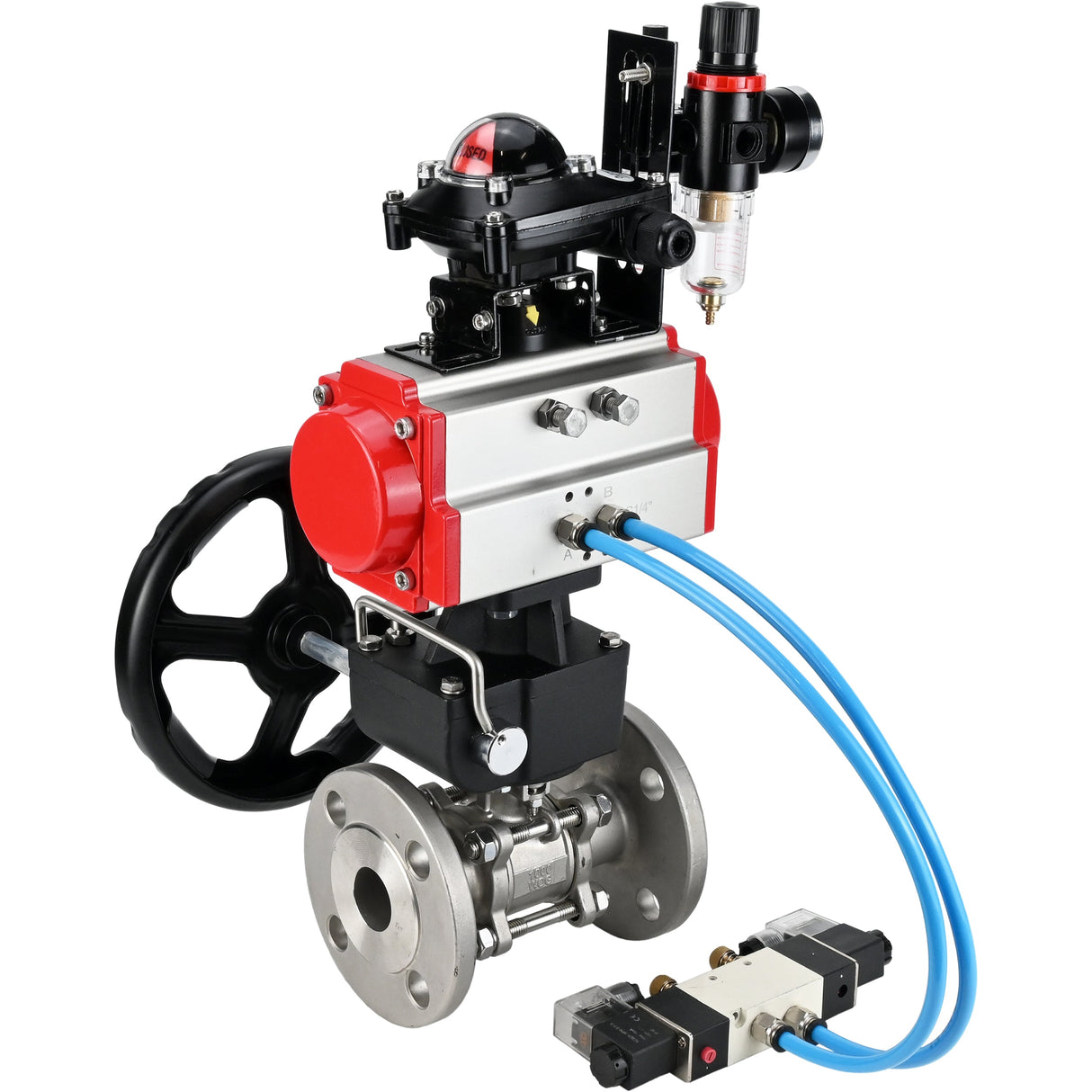 Ball valves Elephant BV3131P(3pc)-FP-F-ISO-H,  body material - Stainless steel AISI 304, seal - PTFE / PTFE / Teflon, with pneumatic actuator double action PA-DA, 4V320-10 220V, LSU APL-210N, handwheel MON, ATU AFC2000
