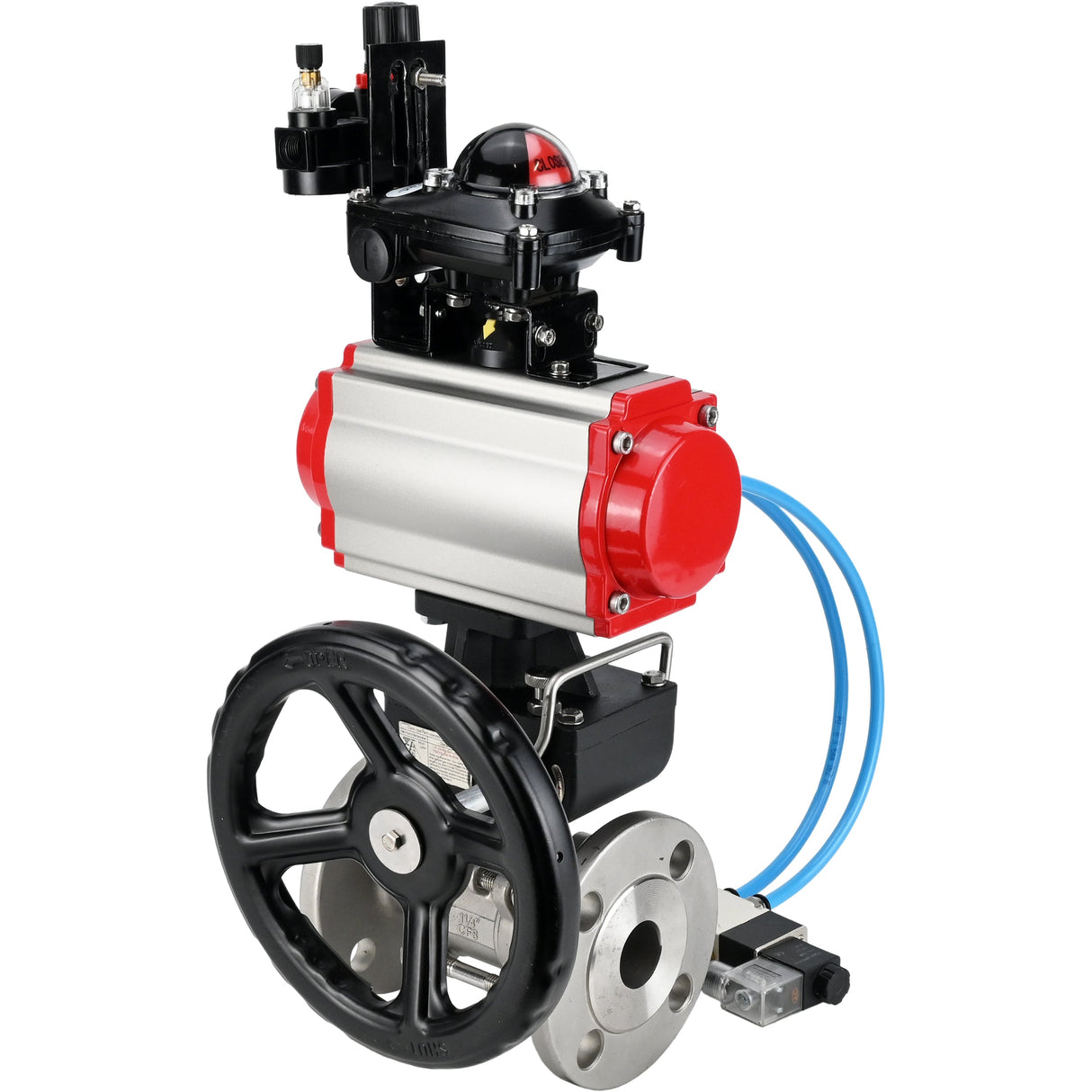 Ball valves Elephant BV3131P(3pc)-FP-F-ISO-H,  body material - Stainless steel AISI 304, seal - PTFE / PTFE / Teflon, with pneumatic actuator double action PA-DA, 4V320-10 220V, LSU APL-210N, handwheel MON, ATU AFC2000