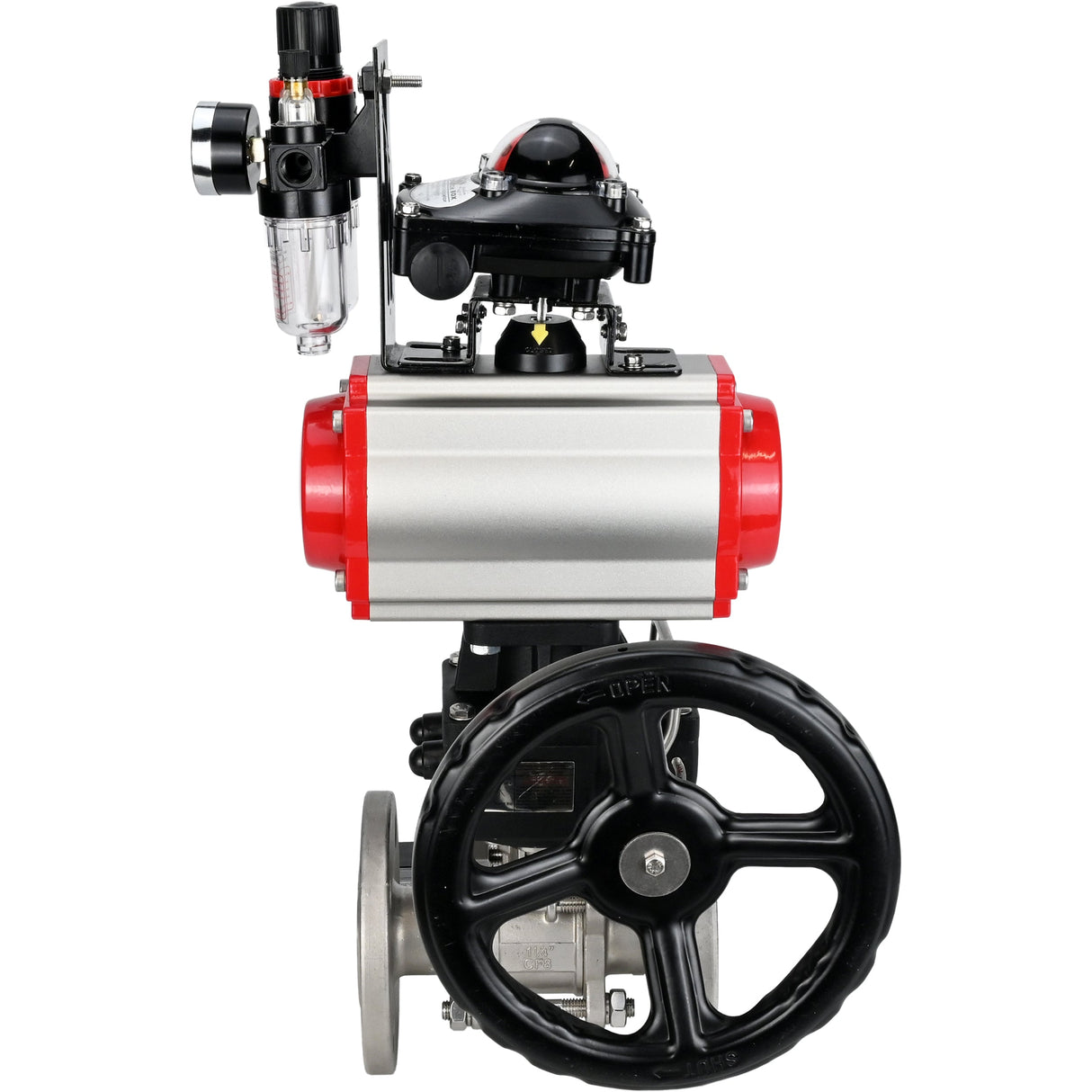 Ball valves Elephant BV3131P(3pc)-FP-F-ISO-H,  body material - Stainless steel AISI 304, seal - PTFE / PTFE / Teflon, with pneumatic actuator double action PA-DA, 4V320-10 220V, LSU APL-210N, handwheel MON, ATU AFC2000