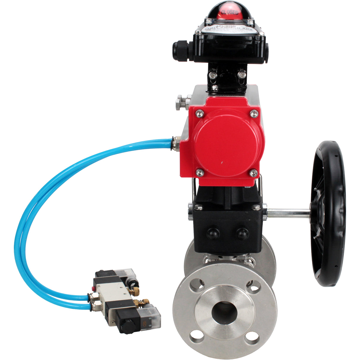 Ball valves Elephant BV3131P(3pc)-FP-F-ISO-H DN15-40 16 bar, three-piece full bore flanged, stainless steel SS304, PTFE, with double-acting PA-DA pneumatic actuator, with pneumatic distributor 4V320-08 220V, with LSU APL- 210N, manual Doubler MON1-250-T26