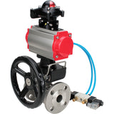 Ball valves Elephant BV3131P(3pc)-FP-F-ISO-H,  body material - Stainless steel AISI 304, seal - PTFE / PTFE / Teflon, with pneumatic actuator double action PA-DA, 4V320-10 220V, LSU APL-210N, handwheel MON