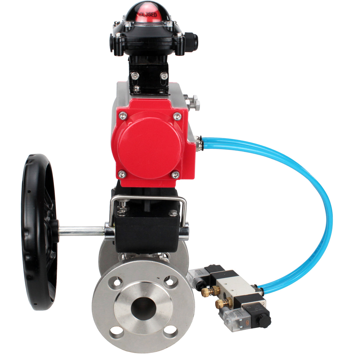 Ball valves Elephant BV3131P(3pc)-FP-F-ISO-H DN15-40 16 bar, three-piece full bore flanged, stainless steel SS304, PTFE, with double-acting PA-DA pneumatic actuator, with pneumatic distributor 4V320-08 220V, with LSU APL- 210N, manual Doubler MON1-250-T26