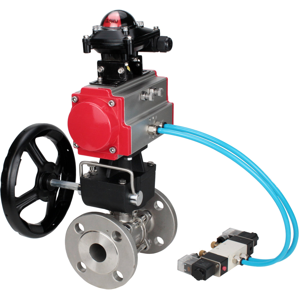 Ball valves Elephant BV3131P(3pc)-FP-F-ISO-H,  body material - Stainless steel AISI 304, seal - PTFE / PTFE / Teflon, with pneumatic actuator double action PA-DA, 4V320-10 220V, LSU APL-210N, handwheel MON