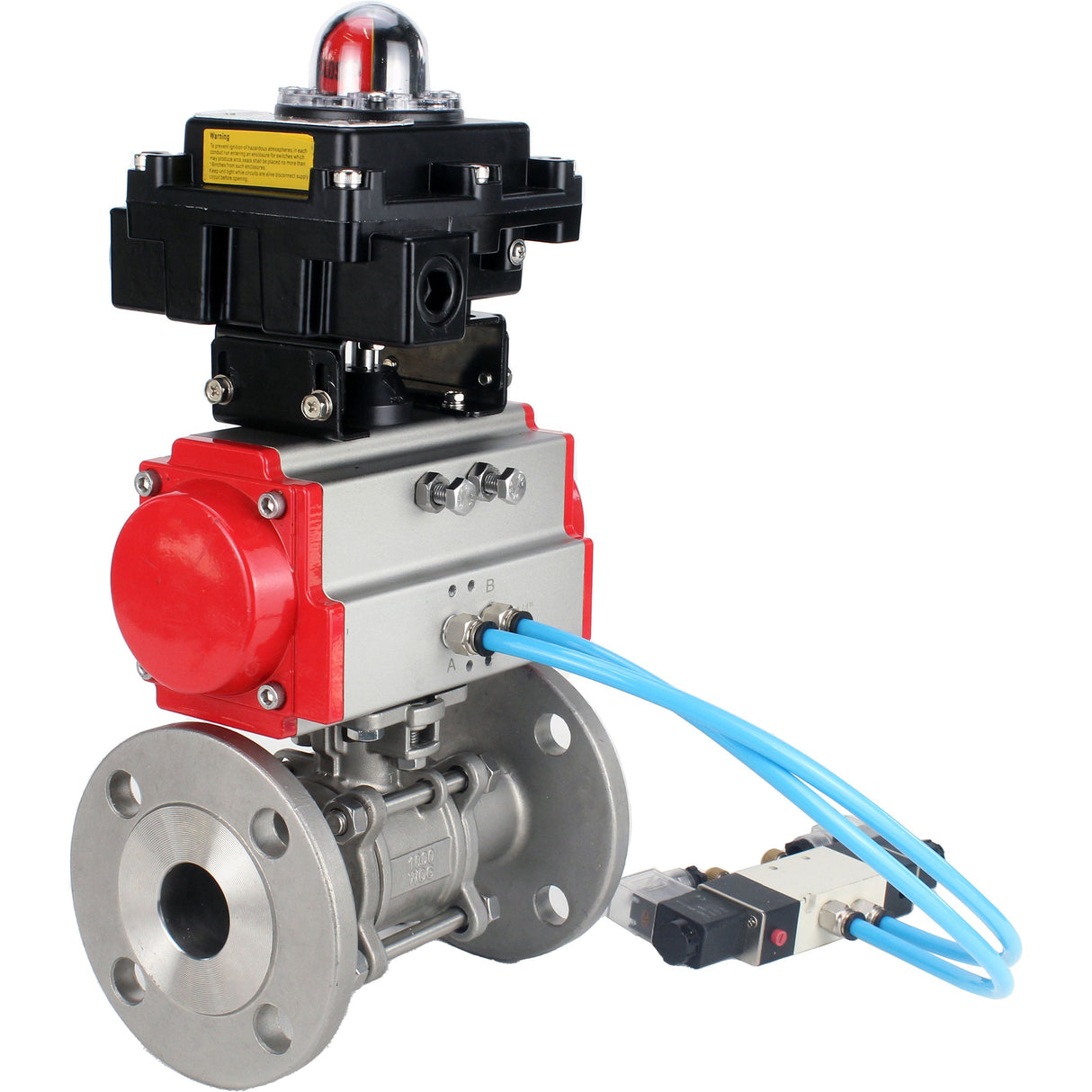 Ball valves Elephant BV3131P(3pc)-FP-F-ISO-H 16 bar, three-piece full bore flanged, stainless steel SS304, seal - PTFE, with double-acting PA-DA pneumatic actuator, with pneumatic distributor 4V320-10 220V, with LSU APL-410N EX