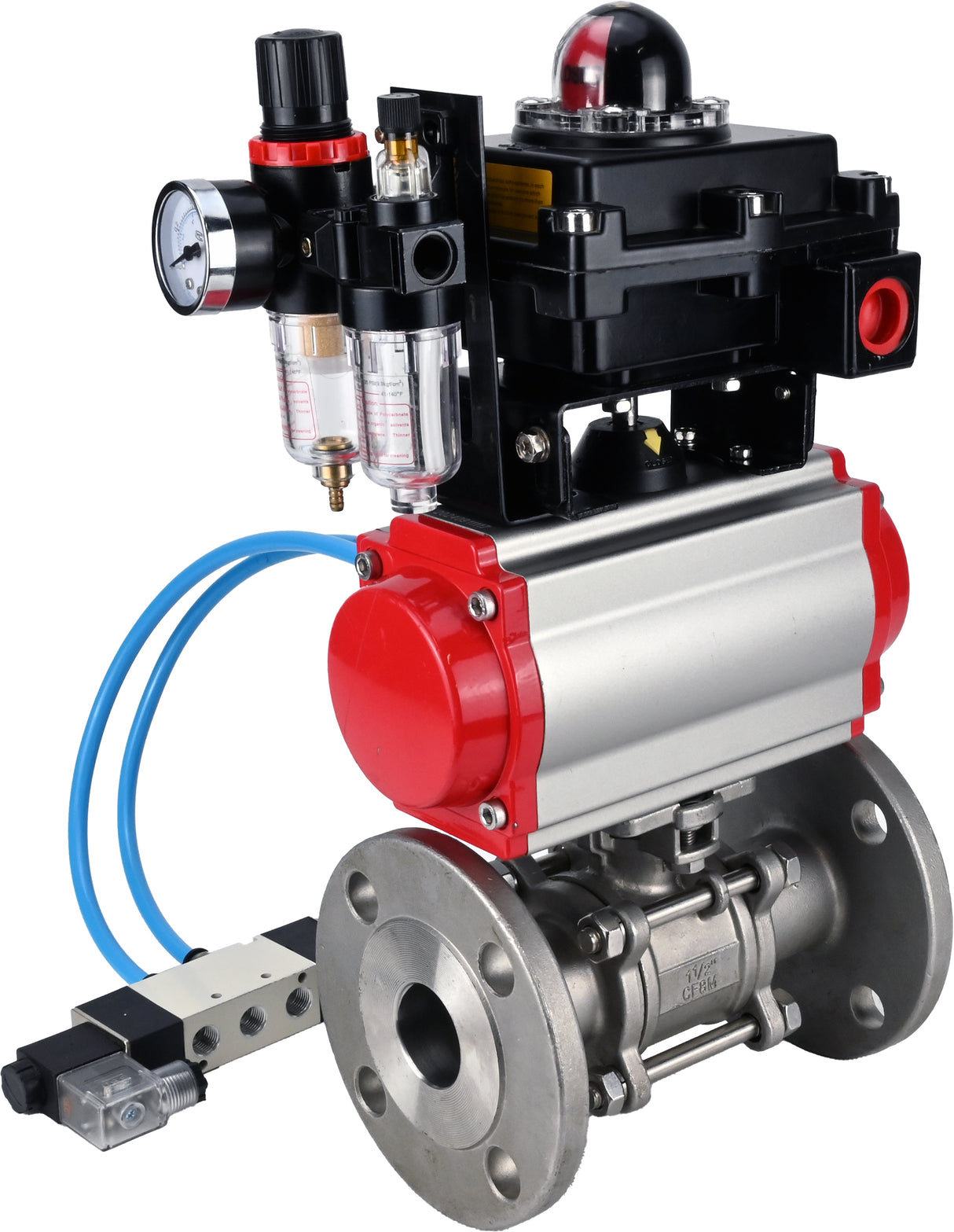 Ball valves Elephant BV3131P(3pc)-FP-F-ISO-H 16 bar, three-piece full bore flanged, stainless steel SS304, PTFE, with pneumatic actuator PA-SA with return springs, with pneumatic distributor 4V320-10 220V, with LSU APL -410N EX, with ATU AFC2000