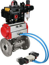 Ball valves Elephant BV3131P(3pc)-FP-F-ISO-H 16 bar, three-piece full bore flanged, stainless steel SS304, PTFE, with pneumatic actuator PA-SA with return springs, with pneumatic distributor 4V320-10 220V, with LSU APL -410N EX, with ATU AFC2000