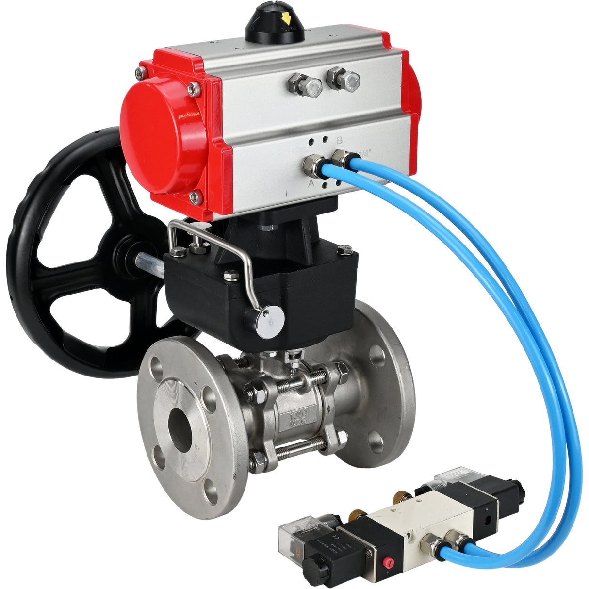 Ball valves Elephant BV3131P(3pc)-FP-F-ISO-H,  body material - Stainless steel AISI 304, seal - PTFE / PTFE / Teflon, with pneumatic actuator double action PA-DA, 4V320-10 220V, handwheel MON
