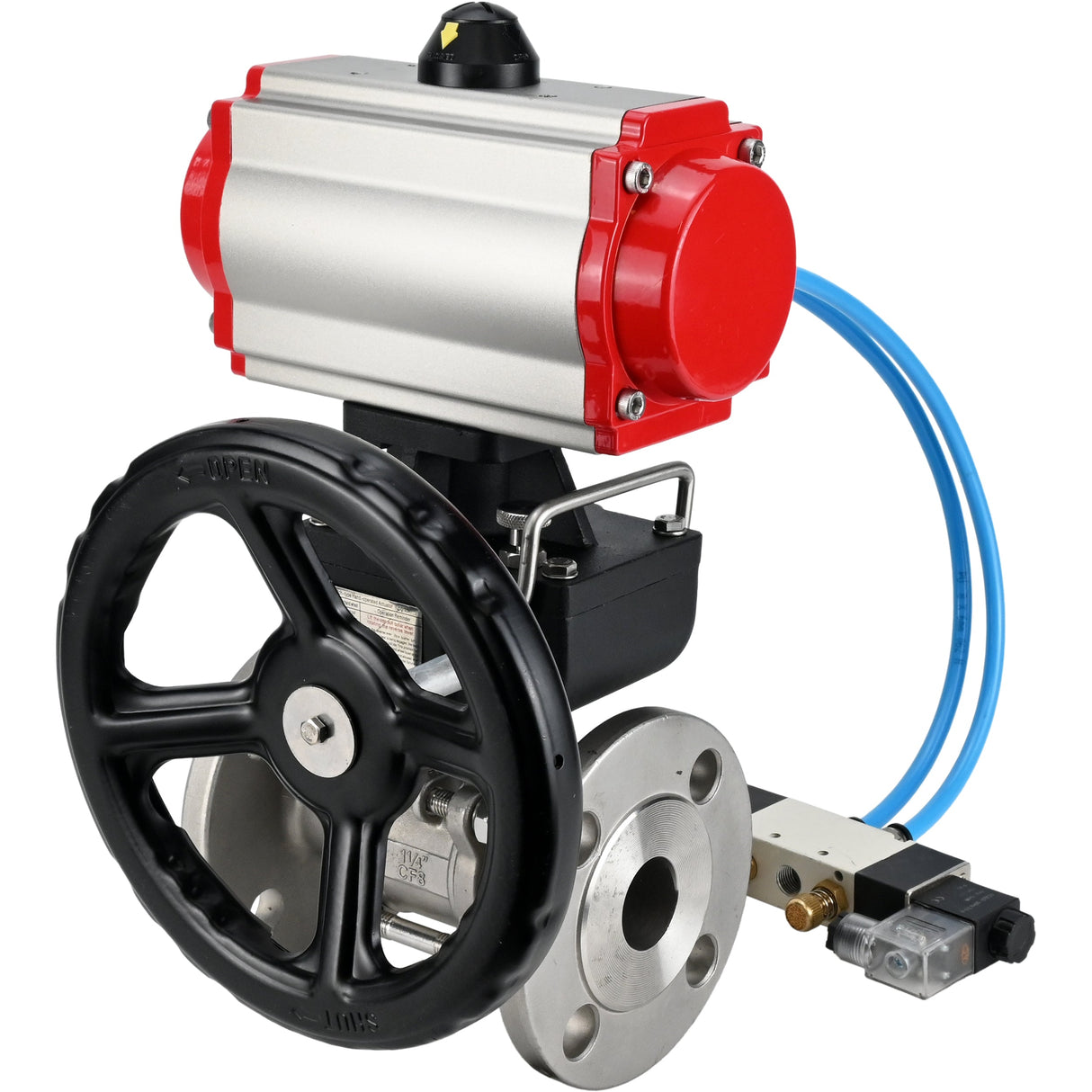 Ball valves Elephant BV3232P(3pc)-FP-F-ISO-H,  body material - Stainless steel AISI 316, seal - PTFE / PTFE / Teflon, with pneumatic actuator double action PA-DA, 4V320-10 220V, handwheel MON