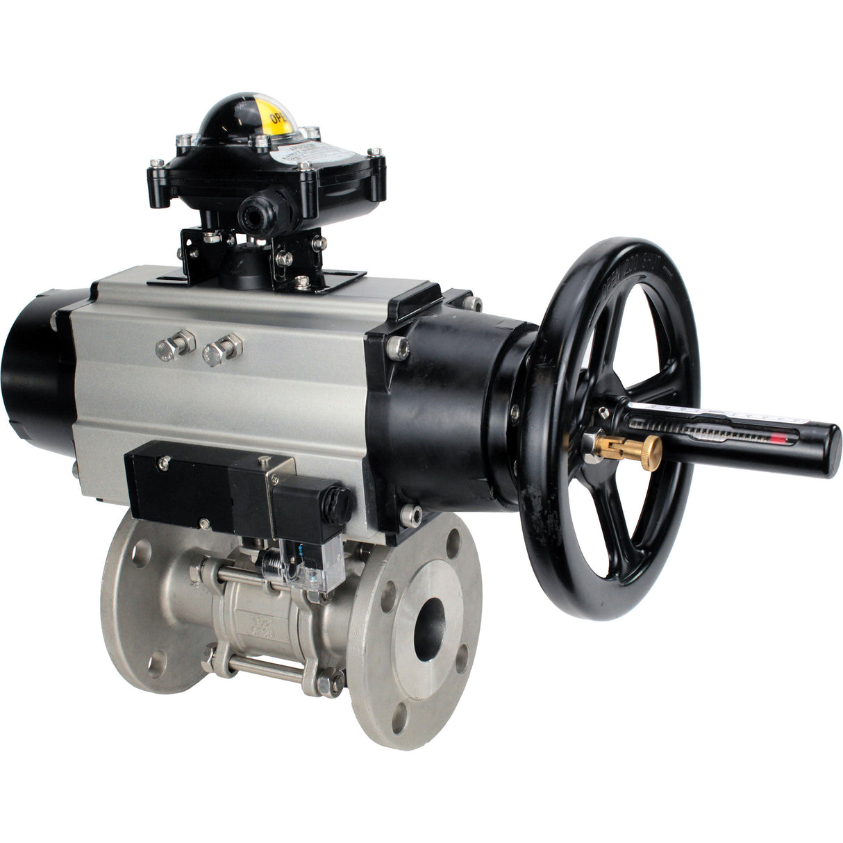 Ball valves Elephant BV3131P(3pc)-FP-F-ISO-H DN65-80 16 bar, three-piece full bore flanged, stainless steel SS304, seal - PTFE, with pneumatic actuator PA-DA-105-1 double acting, with pneumatic distributor 4M310-08 220V, with LSU APL-210N