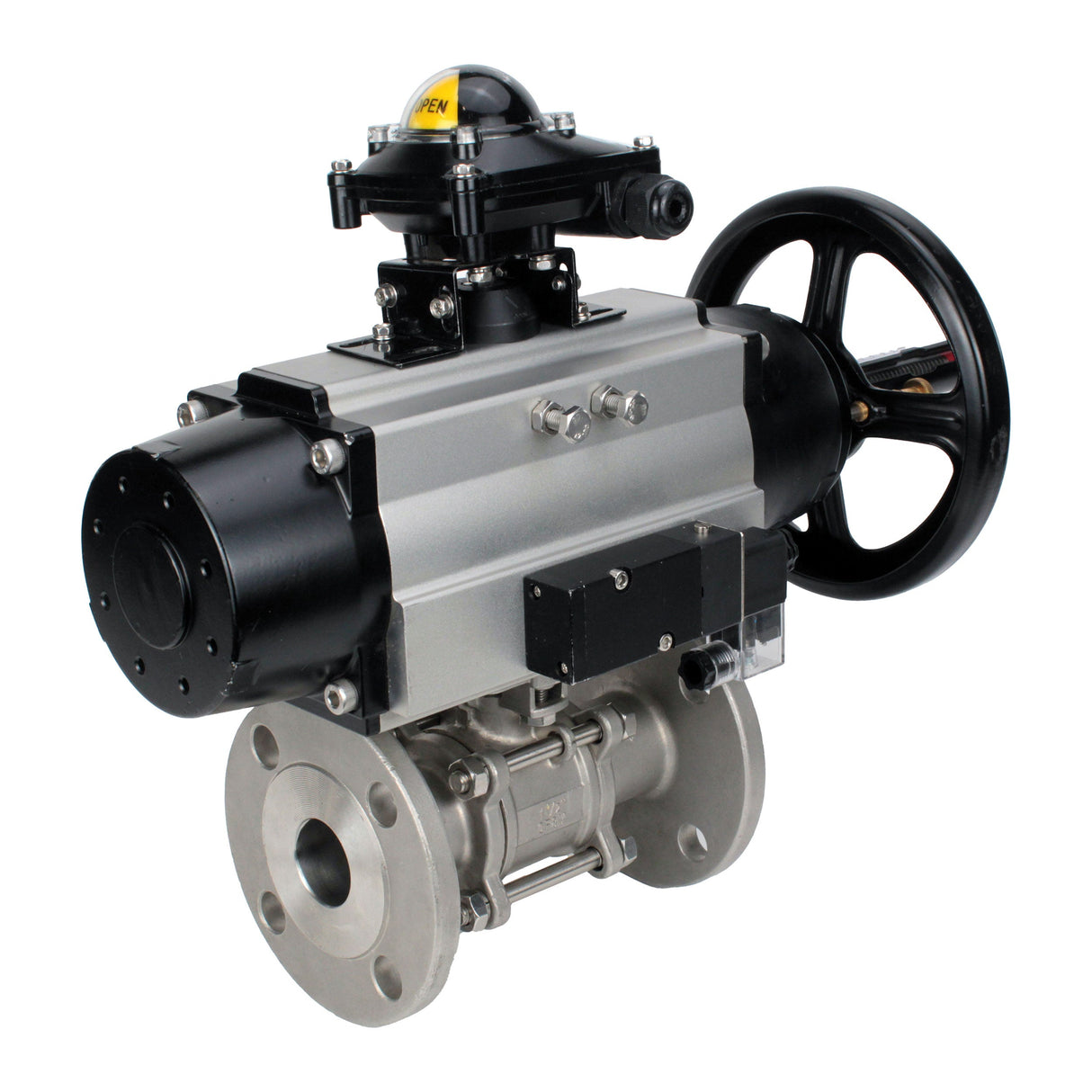 Ball valves Elephant BV3131P(3pc)-FP-F-ISO-H DN65-80 16 bar, three-piece full bore flanged, stainless steel SS304, seal - PTFE, with pneumatic actuator PA-DA-105-1 double acting, with pneumatic distributor 4M310-08 24V, with LSU APL-210N