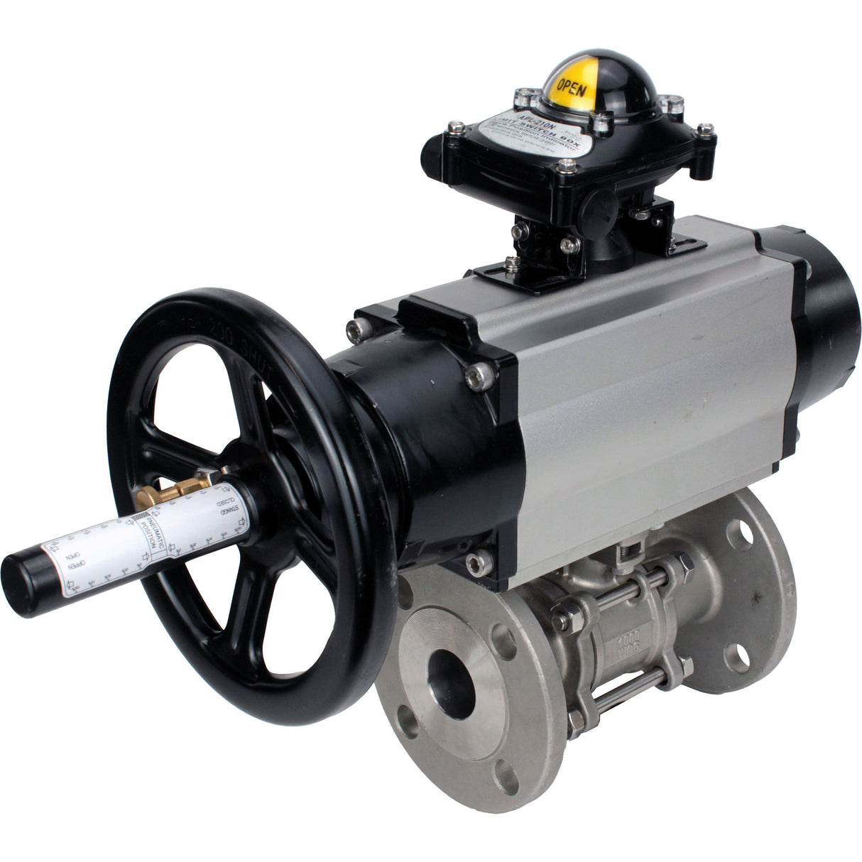 Ball valves Elephant BV3131P(3pc)-FP-F-ISO-H DN65-80 16 bar, three-piece full bore flanged, stainless steel SS304, seal - PTFE, with pneumatic actuator PA-DA-105-1 double acting, with pneumatic distributor 4M310-08 24V, with LSU APL-210N