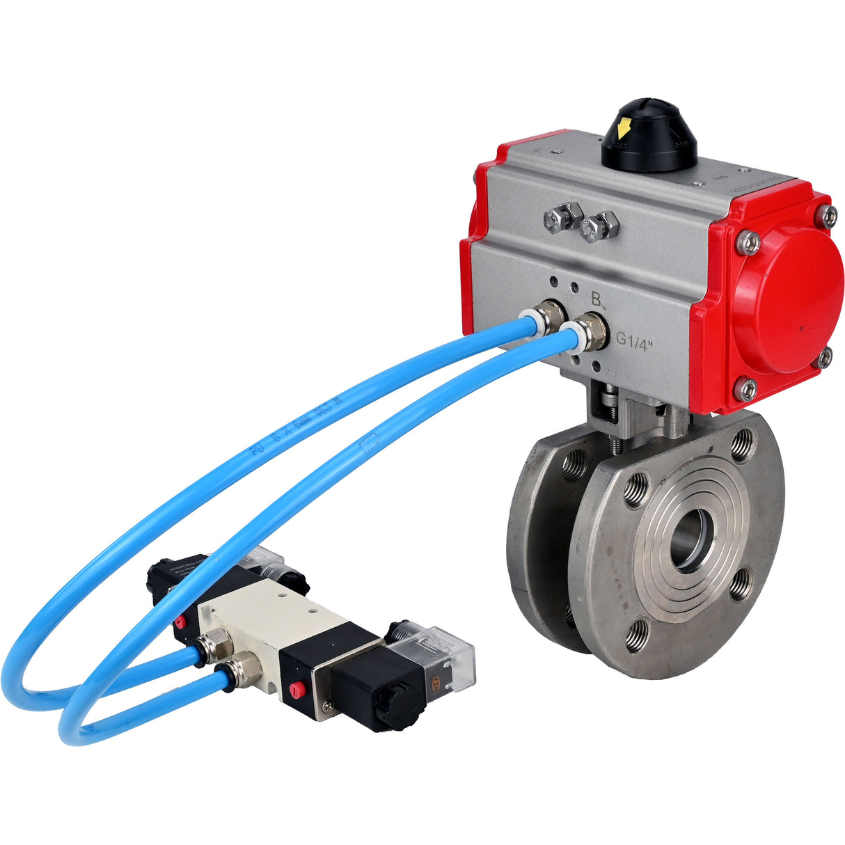 Vannes à boisseau sphérique Elephant BV3232P-FP-Fb-ISO-H 16 bar, passage intégral entre brides, acier inoxydable SS316, joint - PTFE, avec actionneur pneumatique PA-SA avec ressorts de rappel, avec distributeur pneumatique 4V320-10 220V