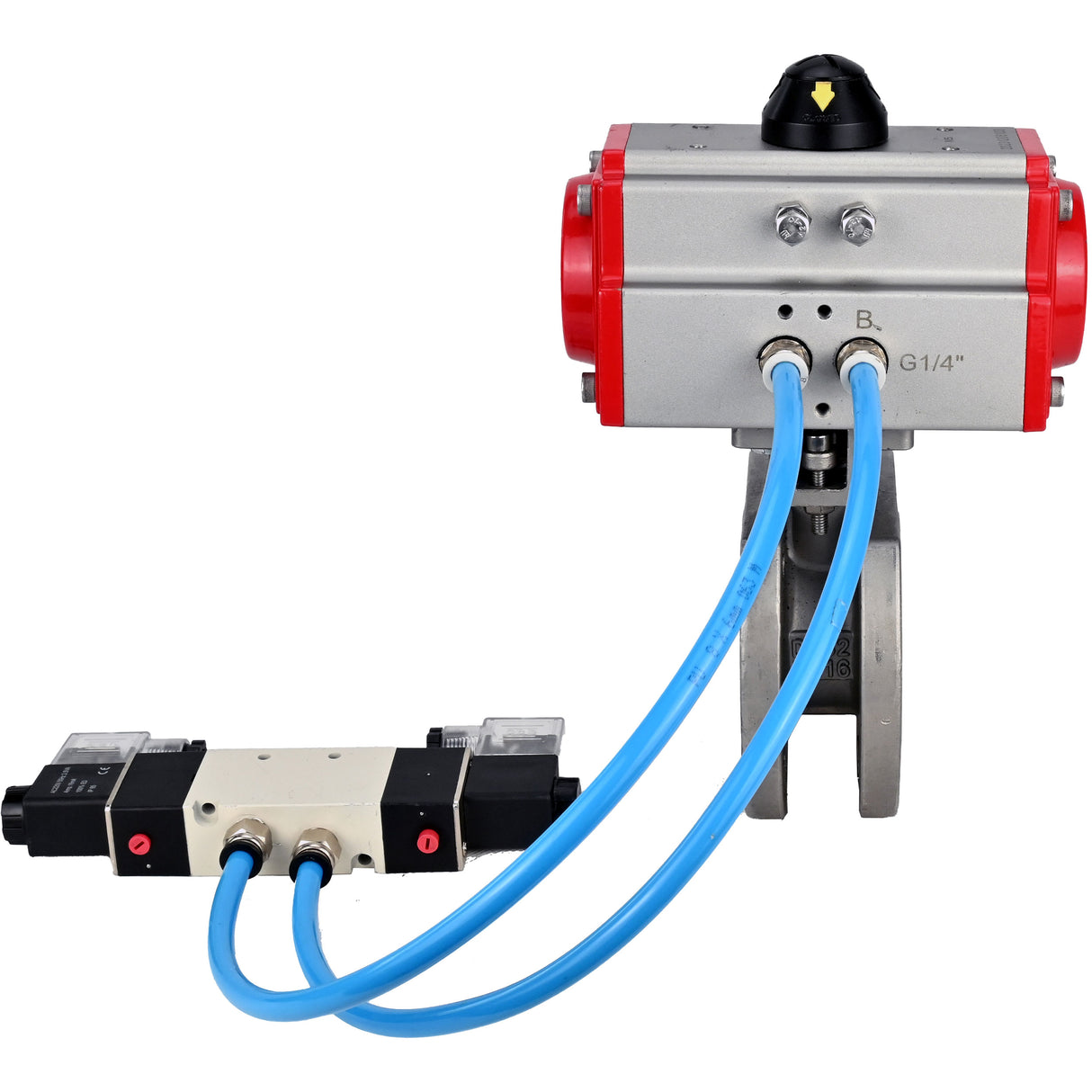Vannes à boisseau sphérique Elephant BV3232P-FP-Fb-ISO-H 16 bar, passage intégral entre brides, acier inoxydable SS316, joint - PTFE, avec actionneur pneumatique PA-SA avec ressorts de rappel, avec distributeur pneumatique 4V320-10 220V