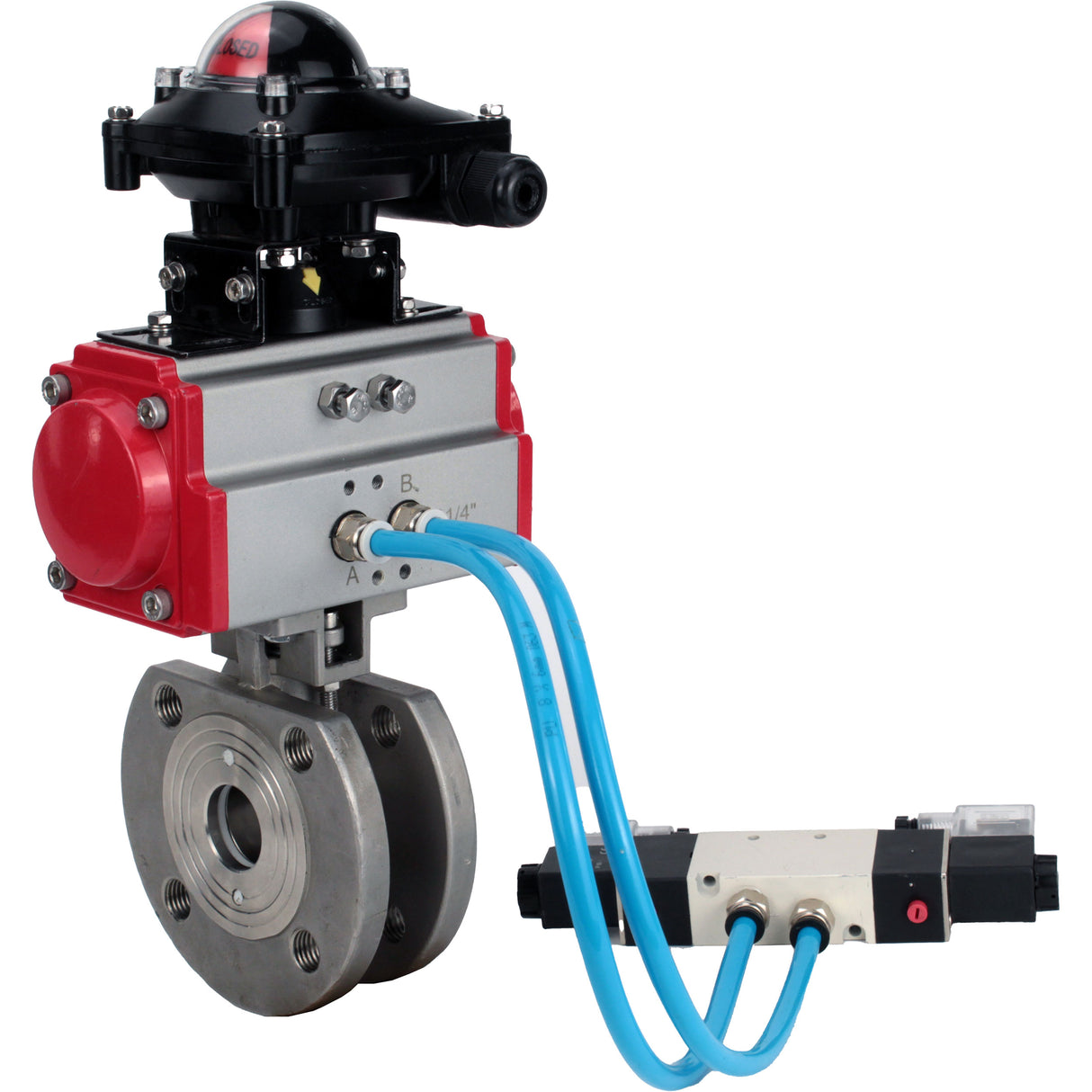 Vannes à boisseau sphérique Elephant BV3232P-FP-Fb-ISO-H 16 bar, passage intégral entre brides, acier inoxydable SS316, joint - PTFE, avec actionneur pneumatique double effet PA-DA, avec distributeur pneumatique 4V320-10 220V, avec BKV APL-210N
