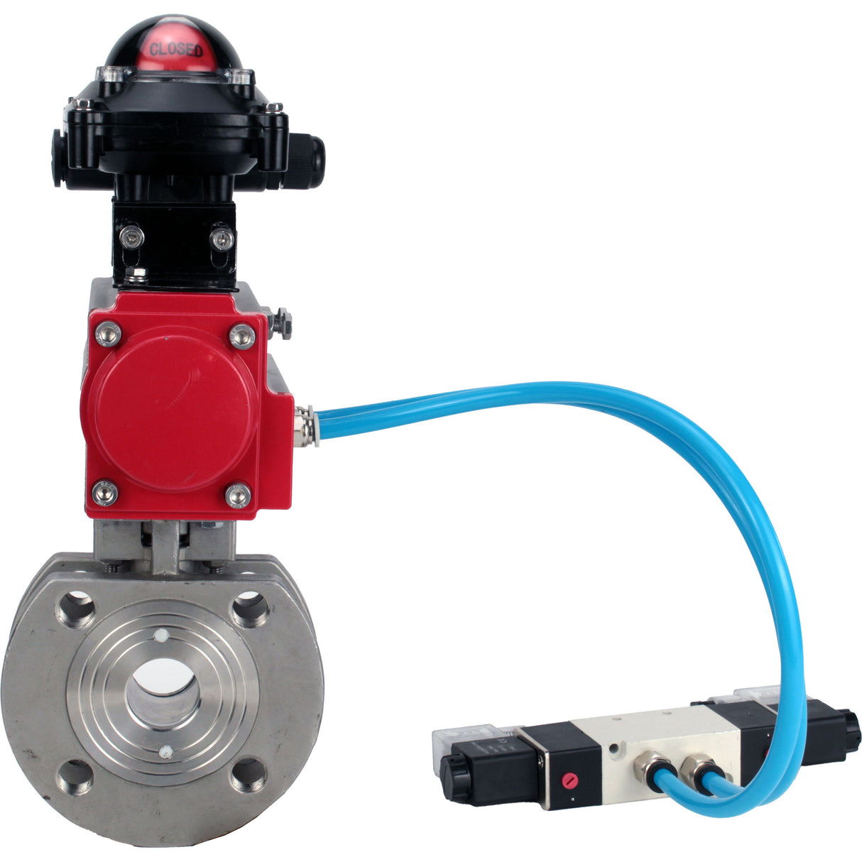 Vannes à boisseau sphérique Elephant BV3232P-FP-Fb-ISO-H 16 bar, passage intégral entre brides, acier inoxydable SS316, joint - PTFE, avec actionneur pneumatique double effet PA-DA, avec distributeur pneumatique 4V320-10 220V, avec BKV APL-210N