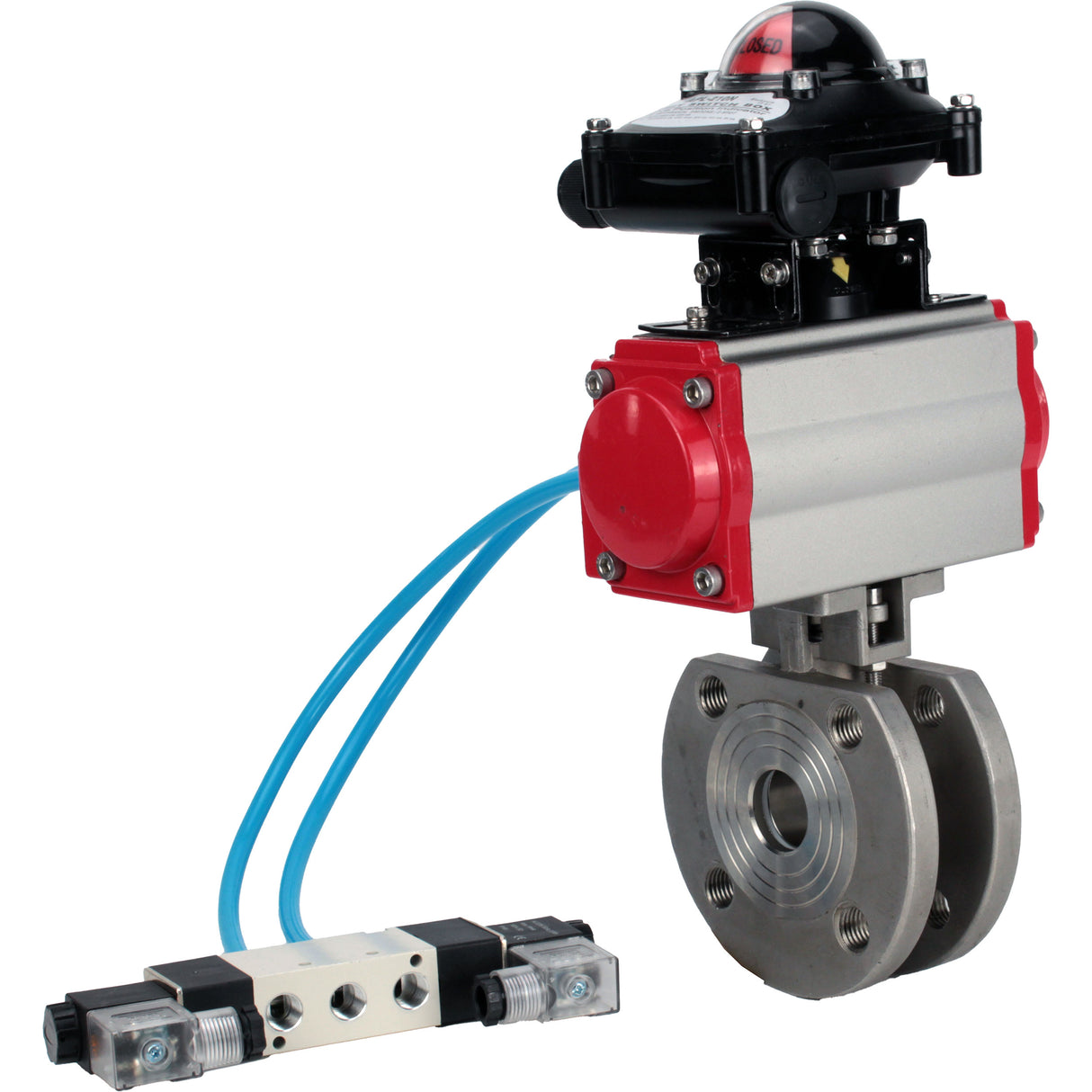 Vannes à boisseau sphérique Elephant BV3232P-FP-Fb-ISO-H 16 bar, passage intégral entre brides, acier inoxydable SS316, joint - PTFE, avec actionneur pneumatique double effet PA-DA, avec distributeur pneumatique 4V320-10 220V, avec BKV APL-210N