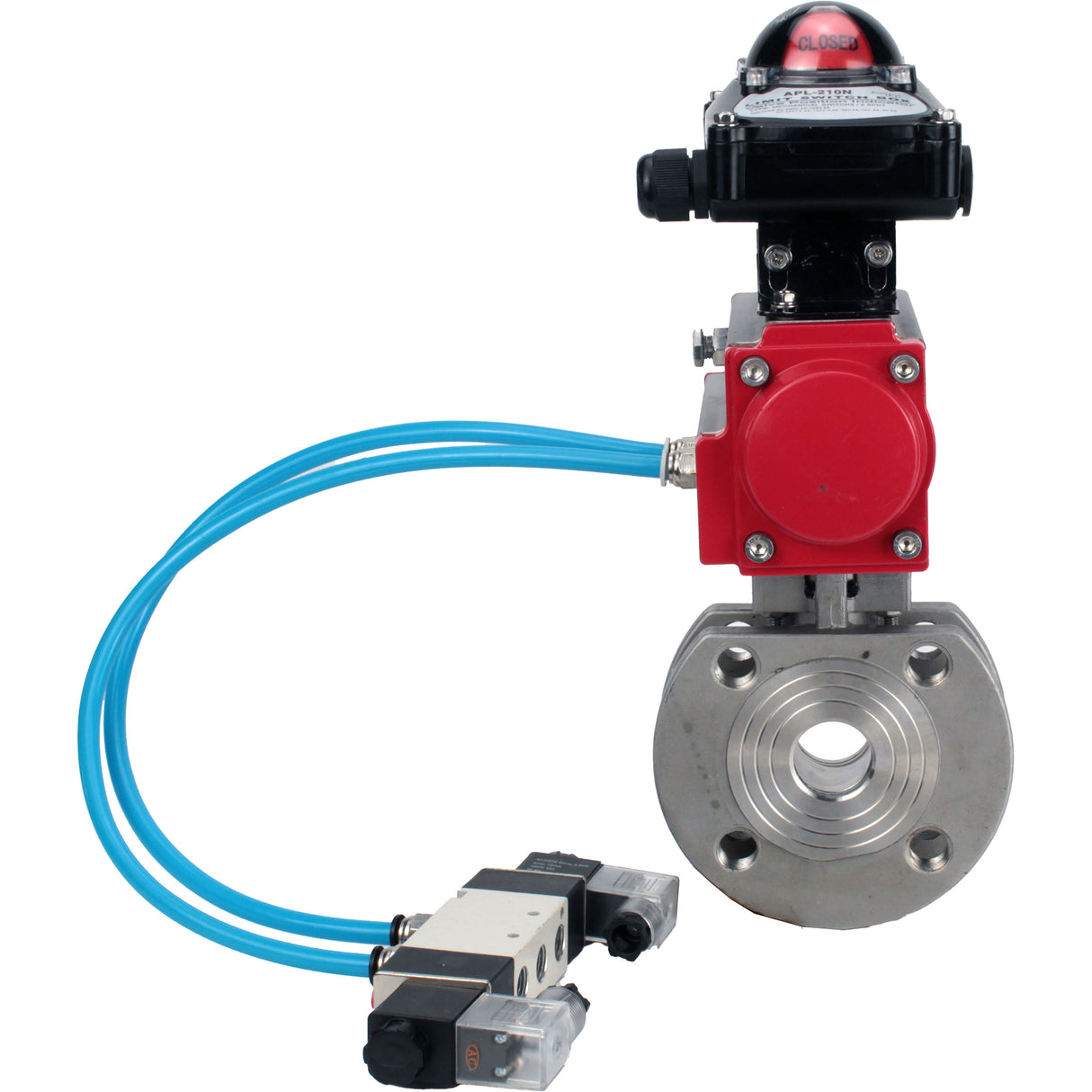 Vannes à boisseau sphérique Elephant BV3232P-FP-Fb-ISO-H 16 bar, passage intégral entre brides, acier inoxydable SS316, joint - PTFE, avec actionneur pneumatique double effet PA-DA, avec distributeur pneumatique 4V320-10 220V, avec BKV APL-210N